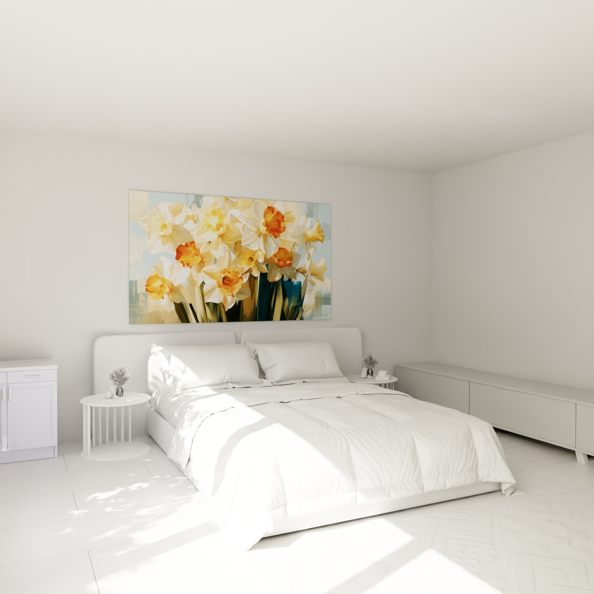 Bouquet de jonquilles blanches et dorées suspendu au-dessus d'un lit dans une chambre claire