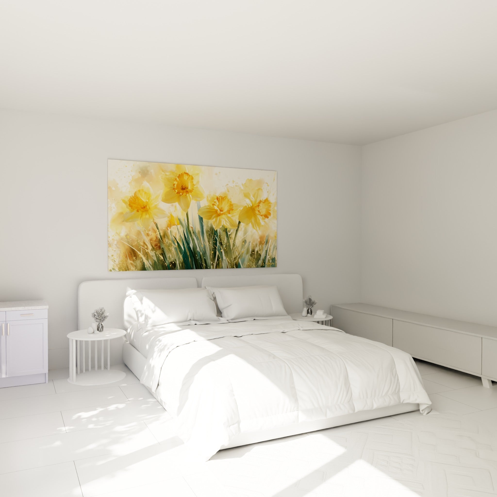 Bouquet de jonquilles dorées et vertes accroché au-dessus d'un lit dans une chambre claire
