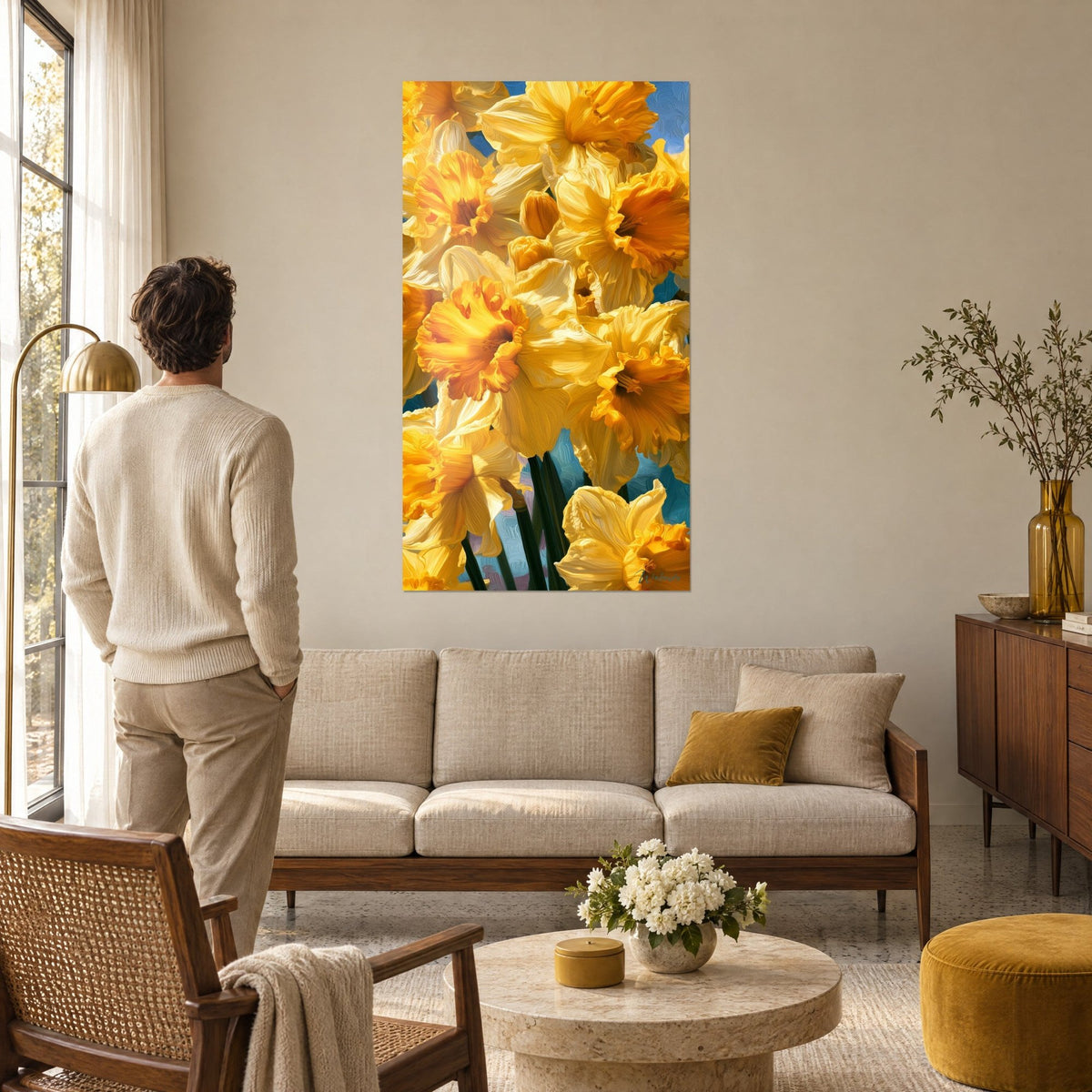 Tableau jonquilles jaunes aux corolles ondulées orangées sur ciel bleu, homme de dos, au-dessus d'un canapé dans un salon lumineux