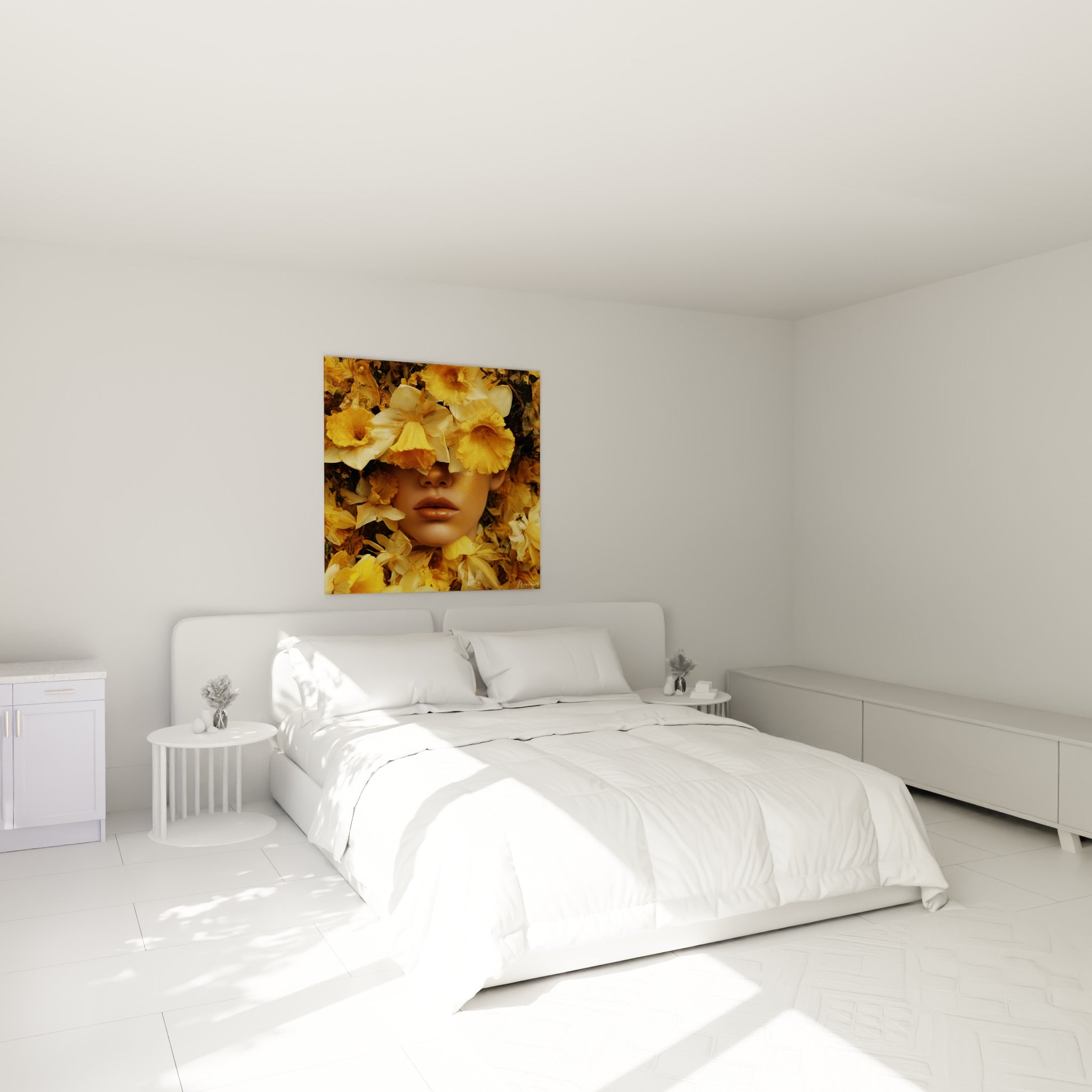Jonquille ocre voilant un visage cuivré, accrochée au-dessus d'un lit dans une chambre claire