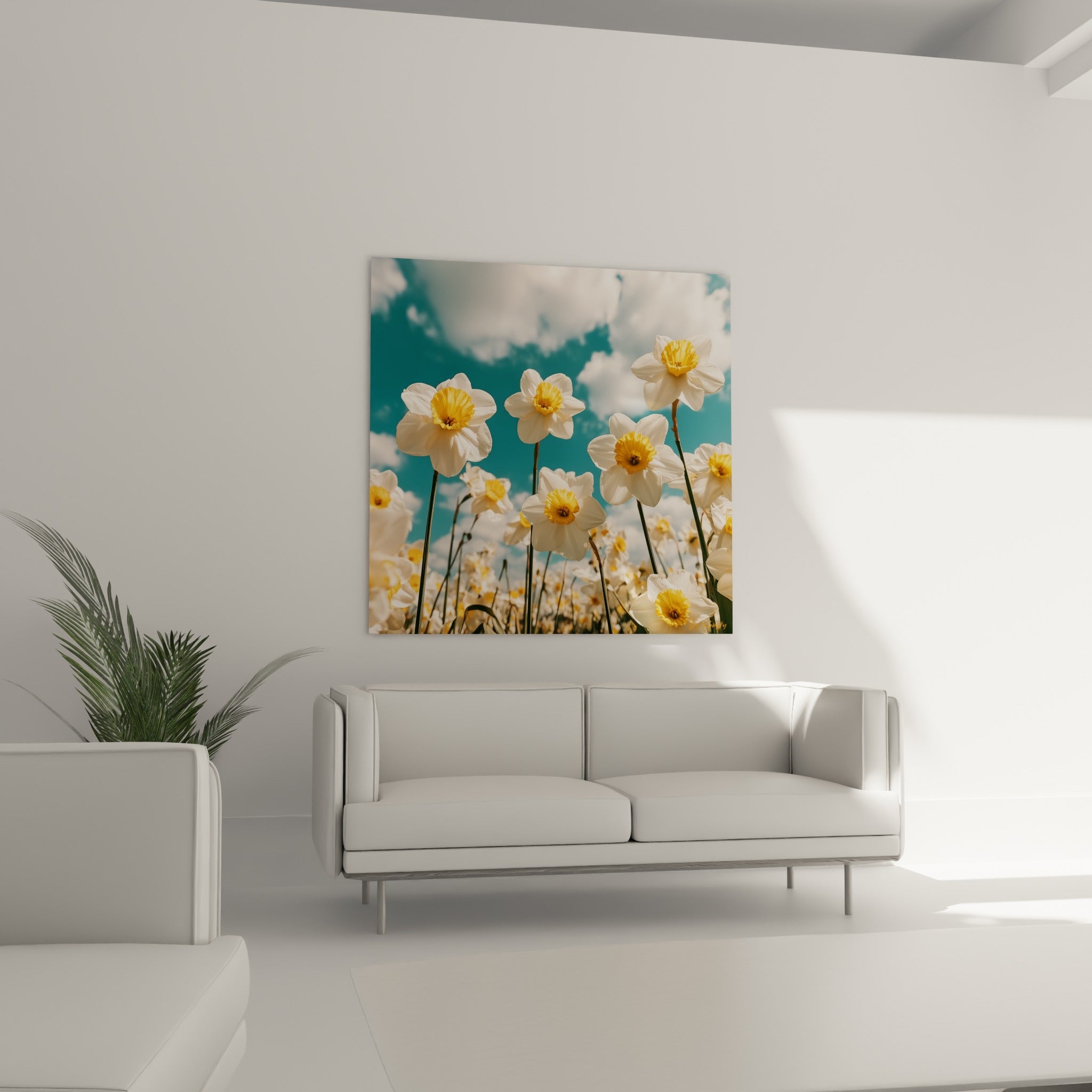 Bouquet naturel de jonquilles blanches et jaunes placé au-dessus d'un canapé dans un salon lumineux