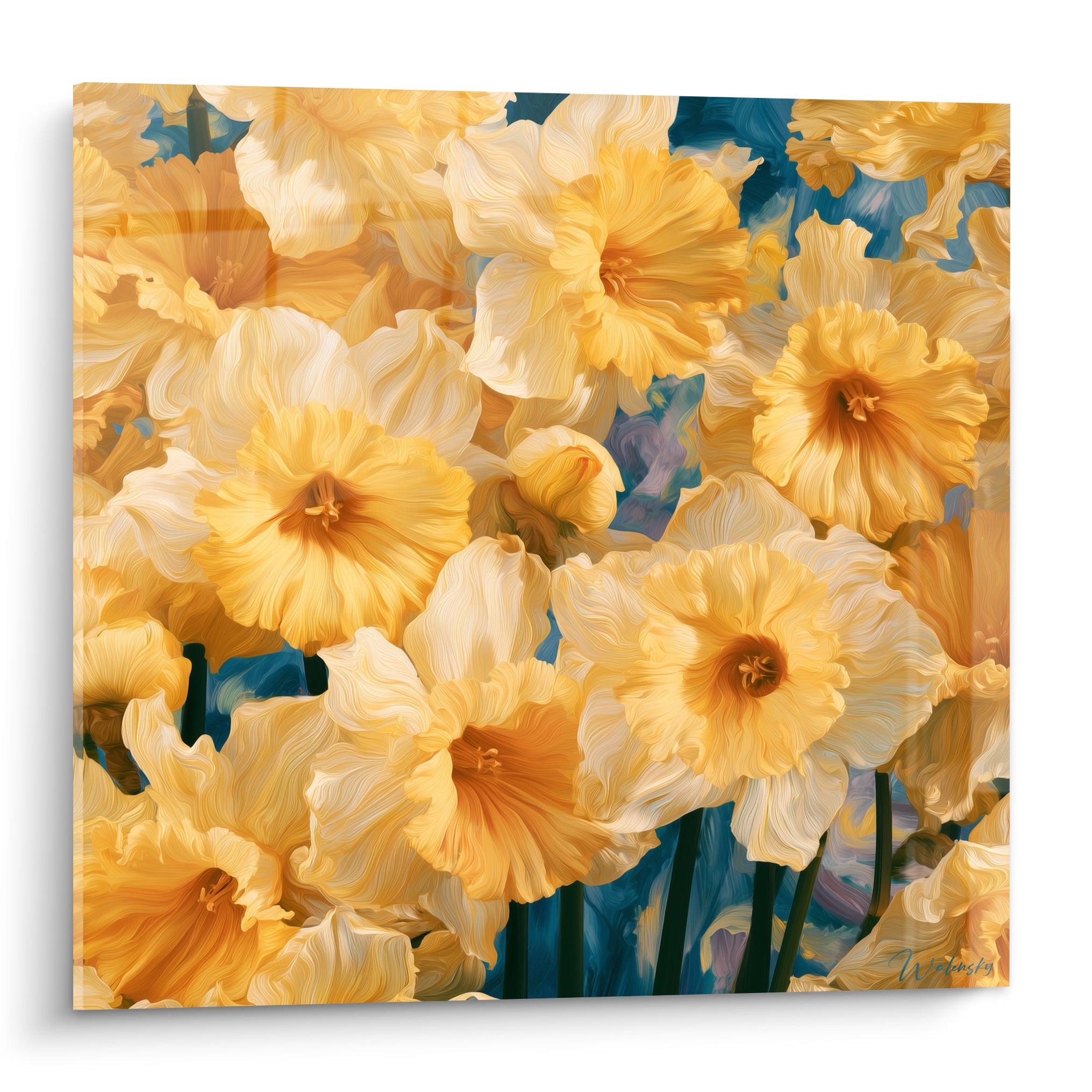 Jonquilles dorées et crème aux cœurs orangés sur fond bleu profond peint en gros plan