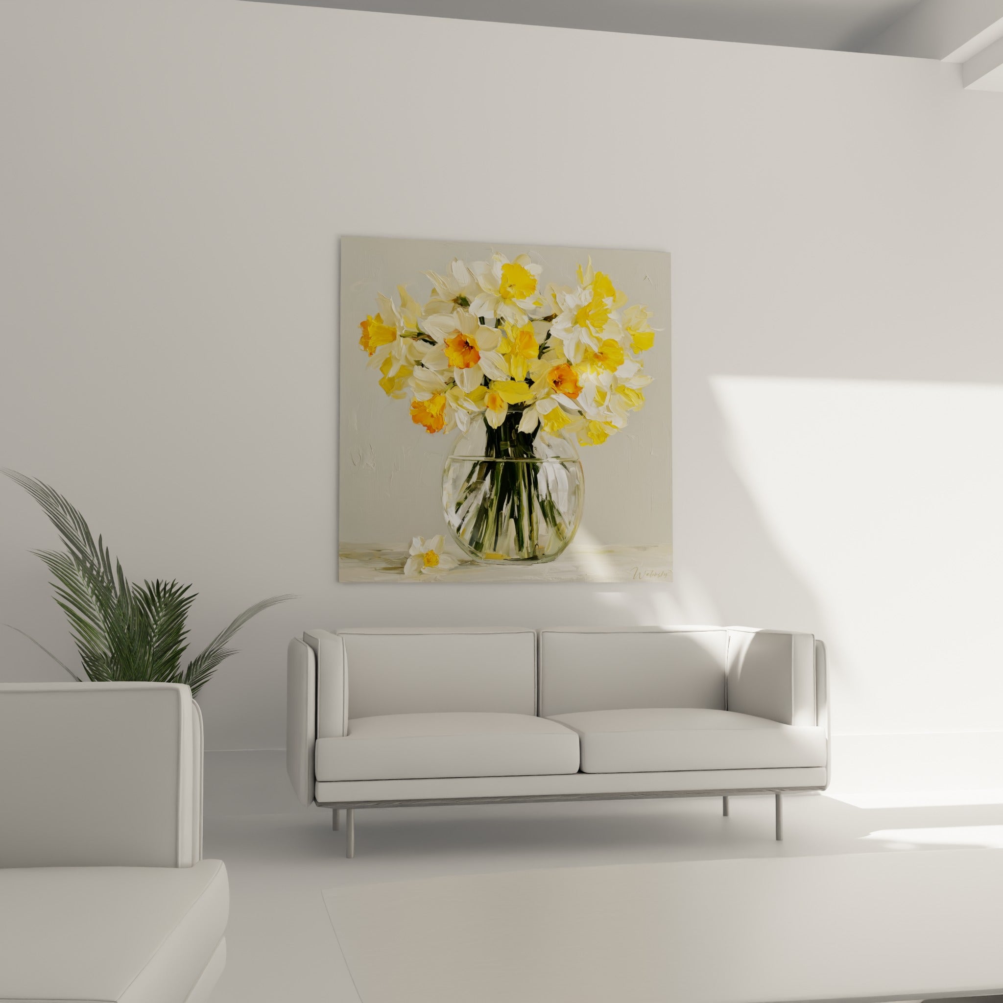 Fleurs de jonquille blanches et dorées disposées au-dessus d'un canapé dans un salon lumineux