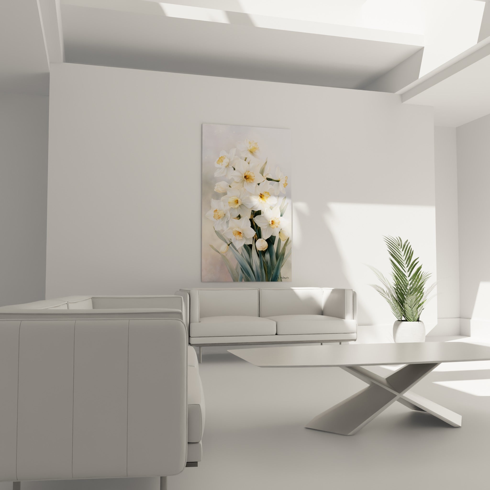 Fleurs de jonquille blanches et dorées à l'aquarelle, au-dessus d'un canapé dans un salon lumineux