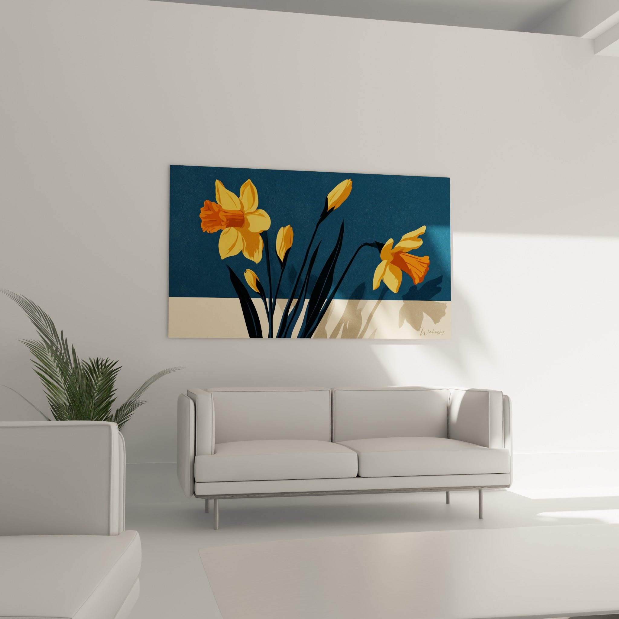 Pétales de jonquille jaunes aux reflets orangés installés au-dessus d'un canapé dans un salon lumineux