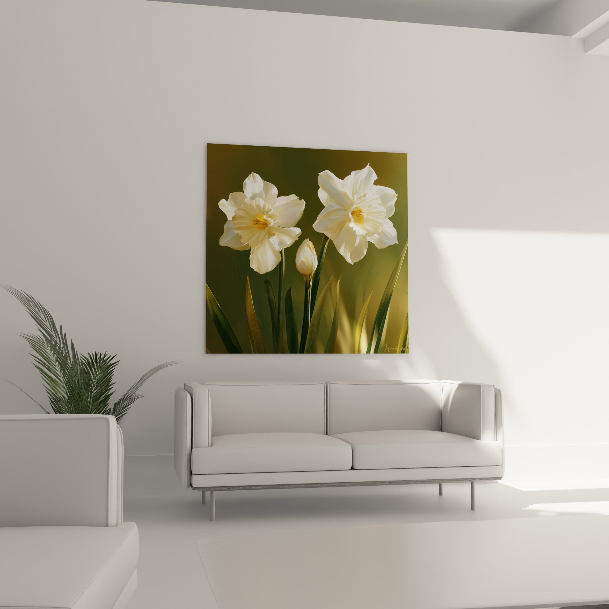 Pétales blancs et cœurs dorés de jonquilles disposés au-dessus d'un canapé dans un salon lumineux