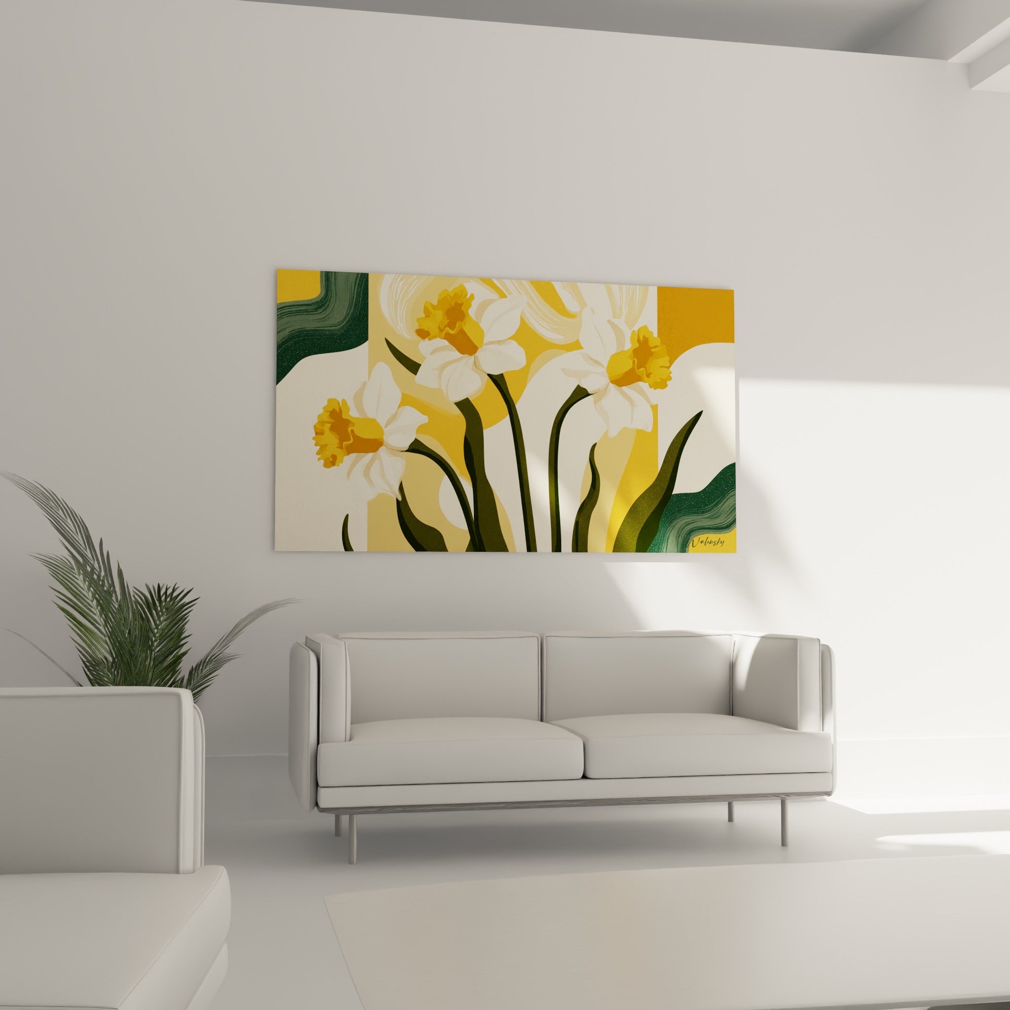 Fleurs de jonquille blanches et jaune doré au-dessus d'un canapé dans un salon lumineux