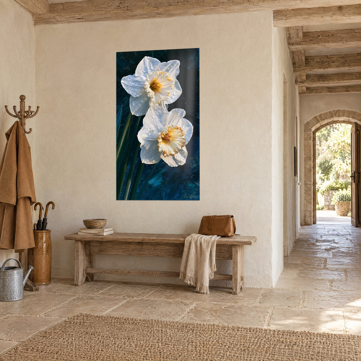 Wall art two ivory daffodils with saffron-yellow centers on navy blue painting, green stems, in the stone entryway of a house