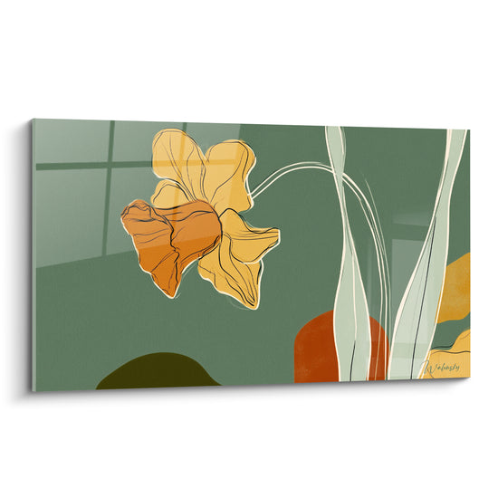 Jonquille dorée et terracotta illustrée sur fond vert sauge, trait noir graphique et tiges élancées