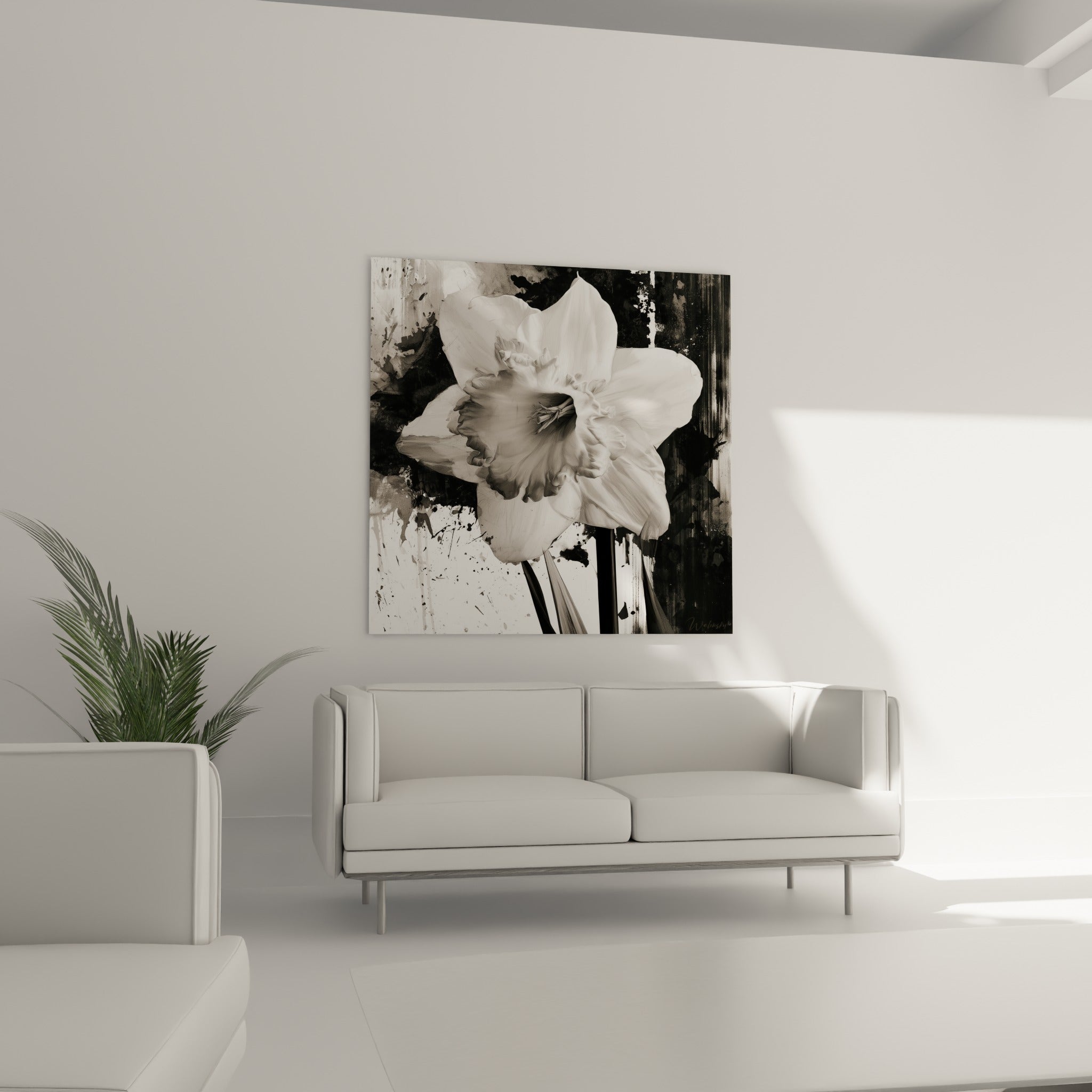 Fleur de jonquille immaculée entourée d'éclaboussures anthracite au-dessus d'un canapé dans un salon lumineux