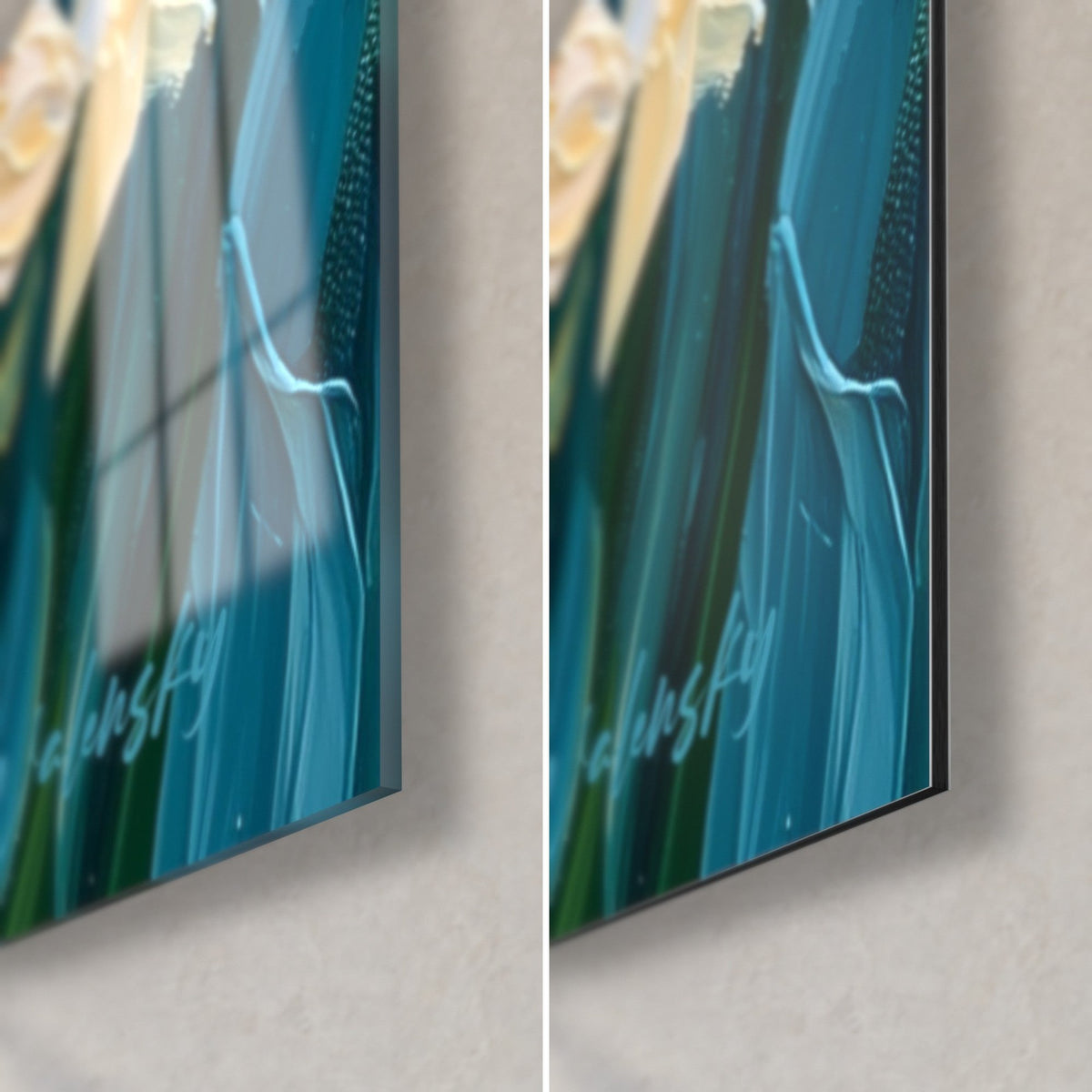 Quadro fiori di narciso, foglie verde abete e turchese in rilievo, angolo in basso a destra: vetro lucido e Dibond opaco