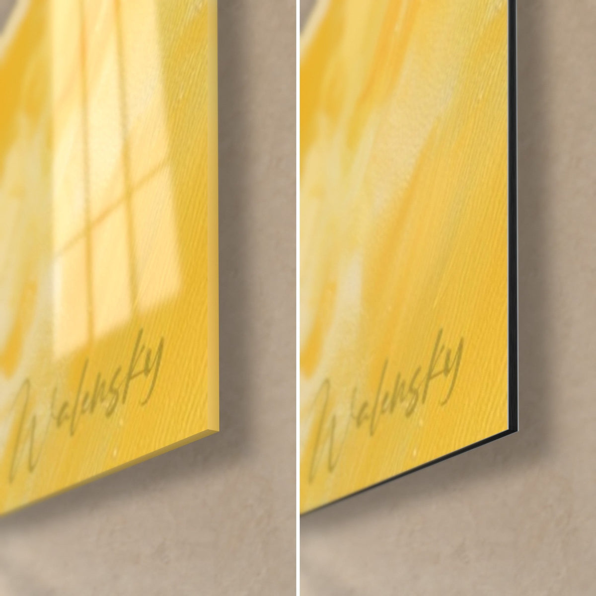 Wall art daffodils in sunny yellow and creamy white, bottom right corner, Walensky signature, glossy glass and matte Dibond