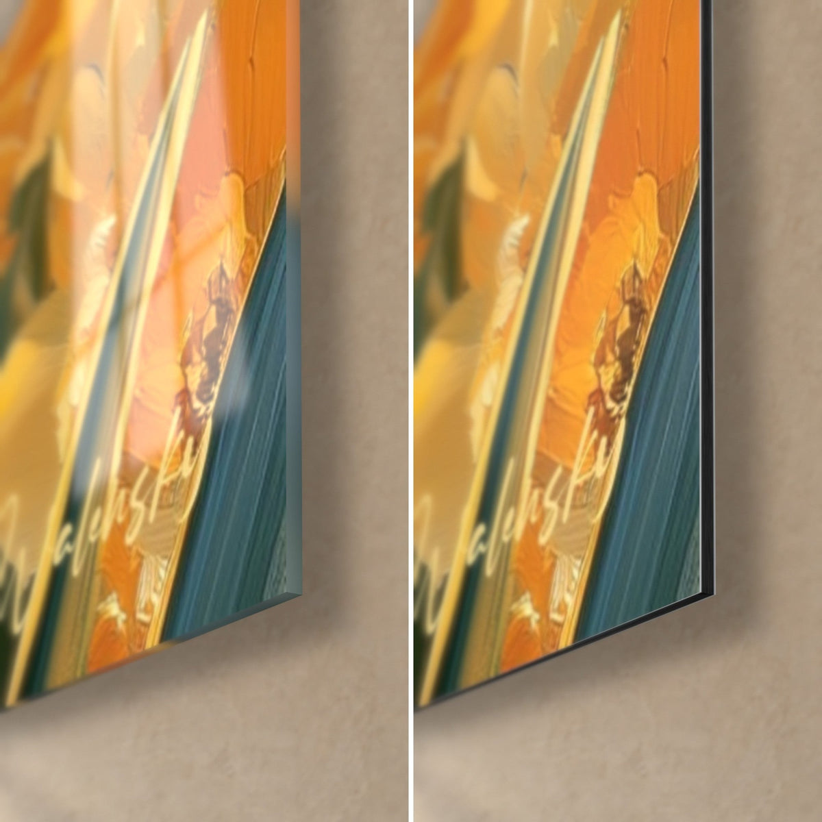 Quadro narcisi giallo zafferano e verde salvia, angolo di vetro lucido in basso a sinistra, Dibond opaco a destra, spessore 3 mm