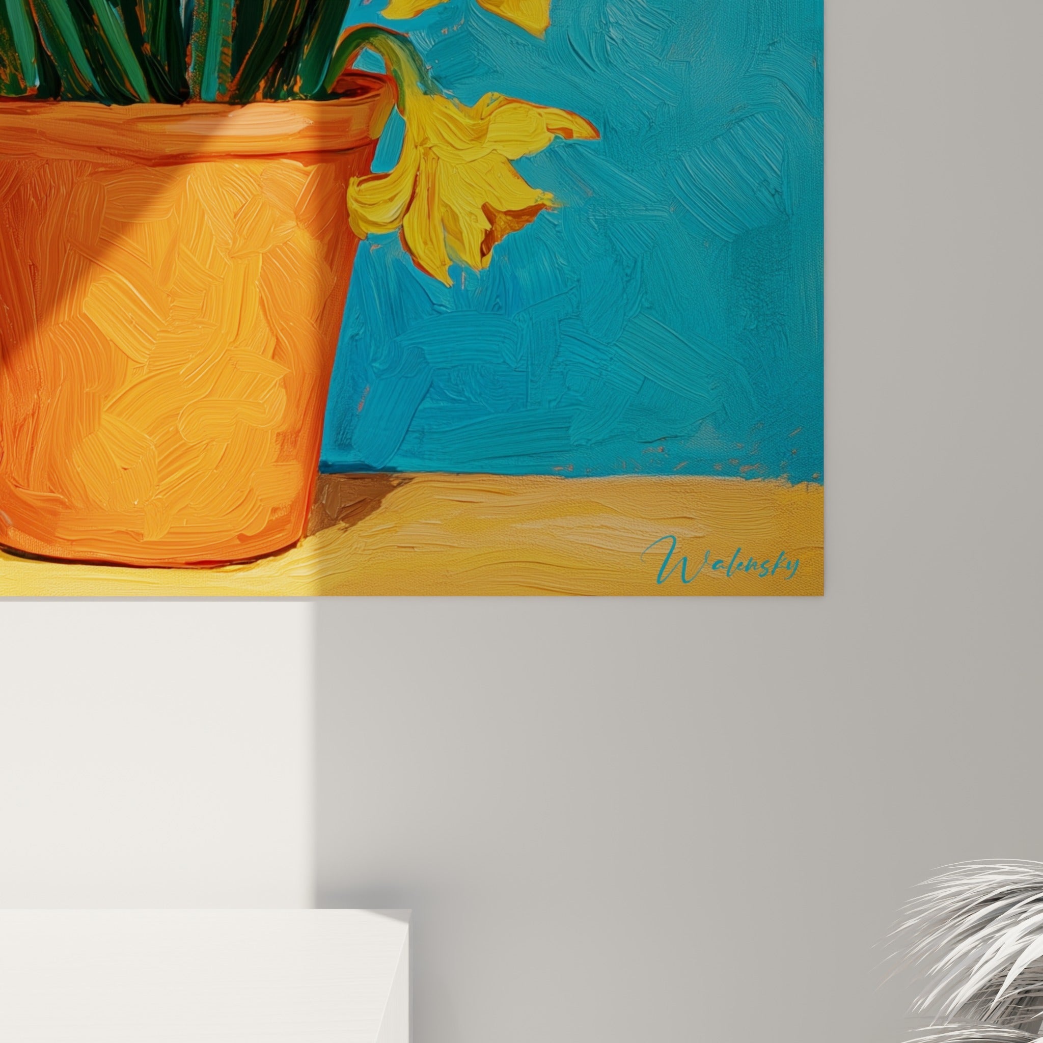 Pétales jaunes et touches orangées des jonquilles révélant les empâtements épais et le grain de la peinture