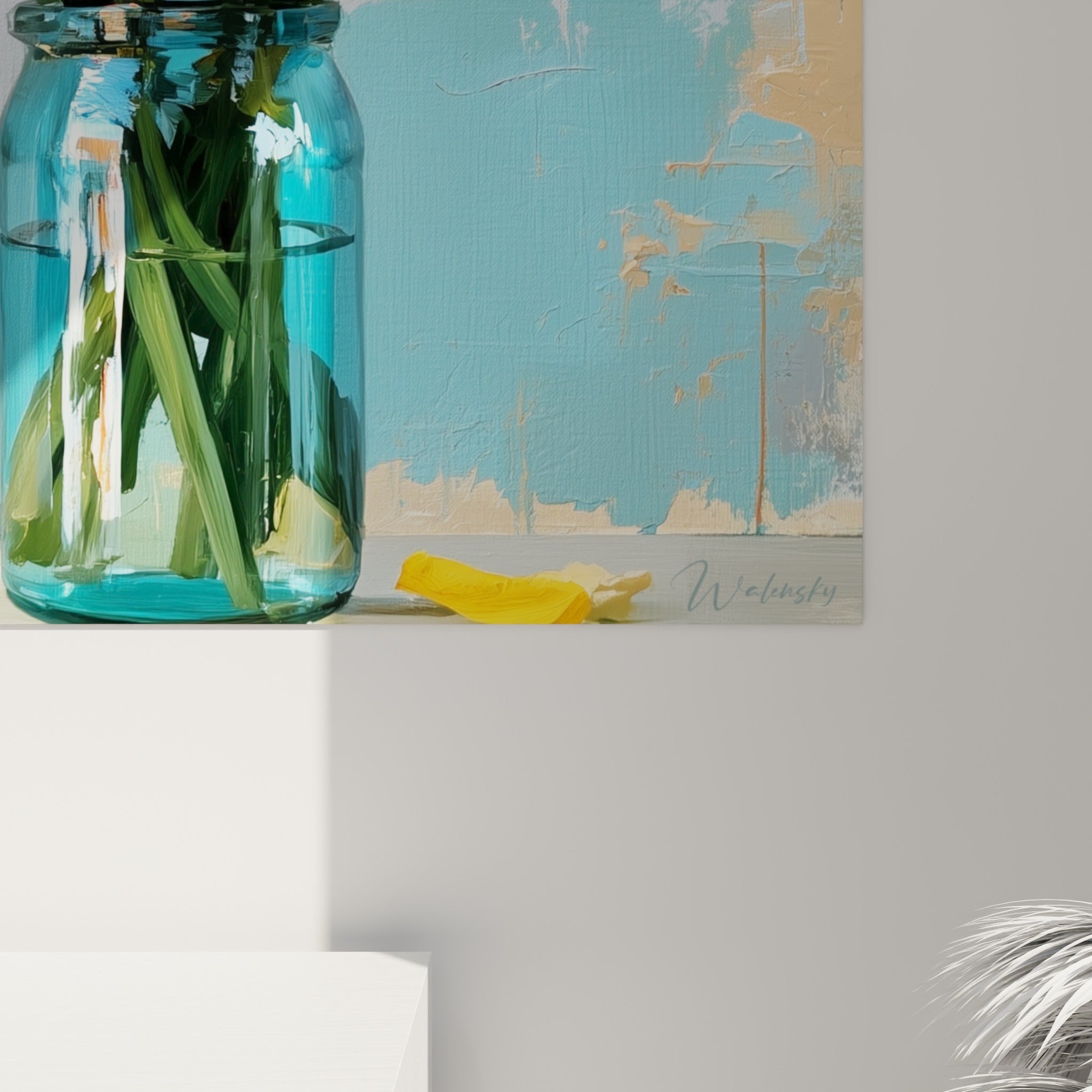 Empâtements épais sur les pétales jaunes et orangés des jonquilles, matière et coulures visibles de près sur la toile