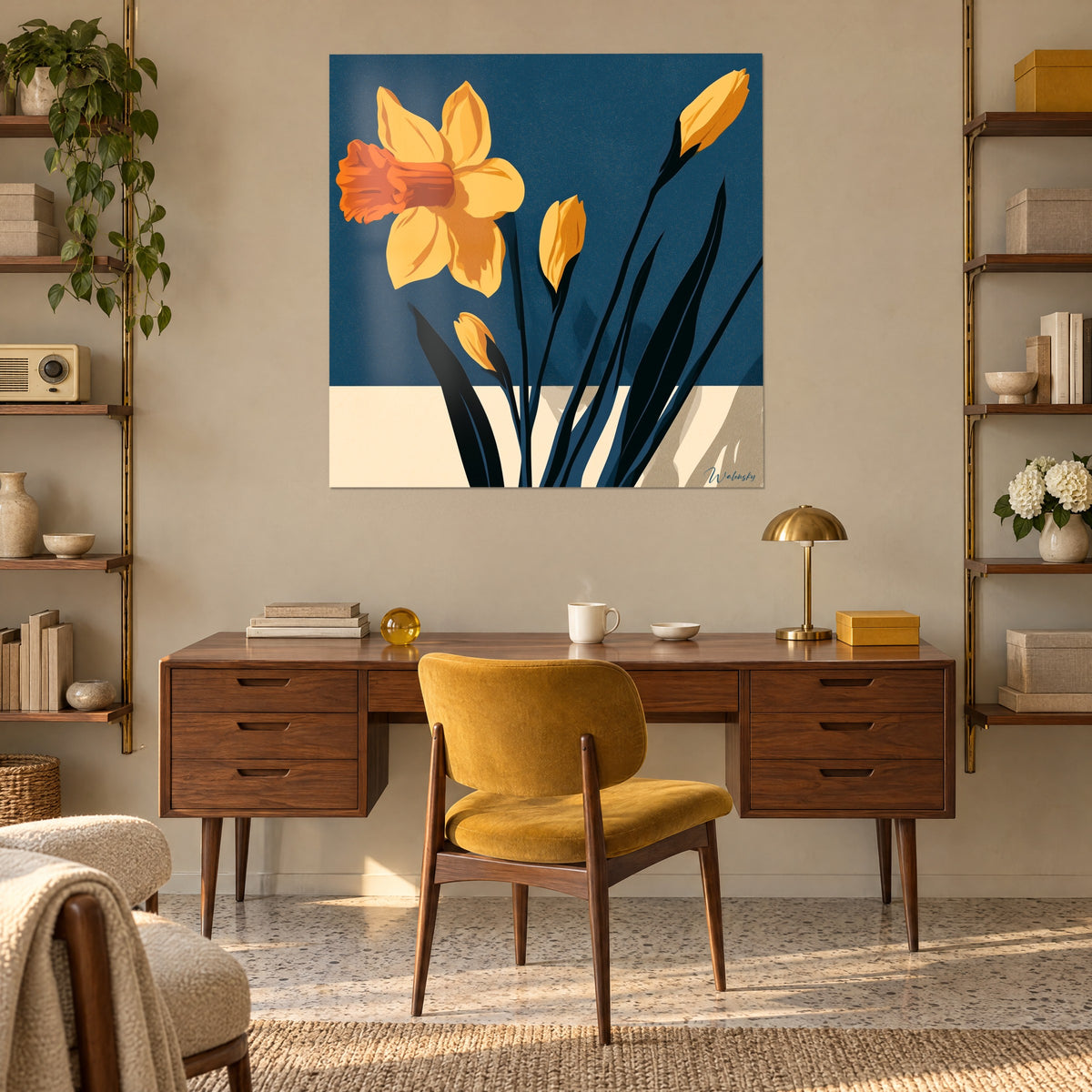 Tableau jonquille stylisée aux boutons fermés orange et jaune, fond bleu marine, au-dessus d'un bureau en bois et d'un fauteuil moutarde