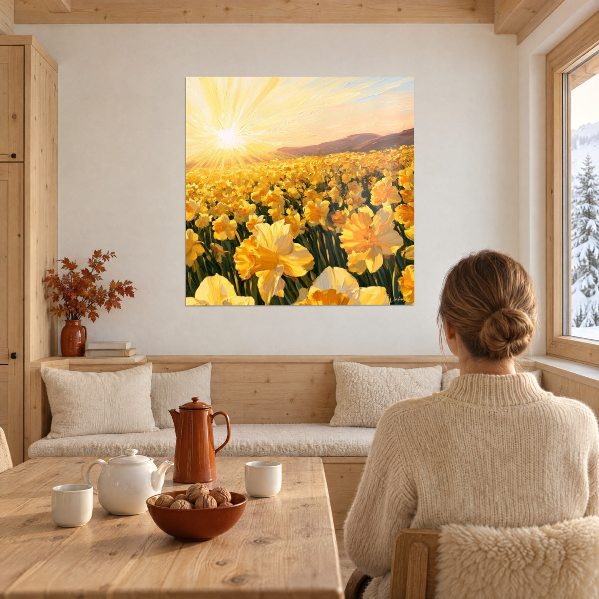 Schilderij bloemenzee in citroengeel en fel oranje, crèmekleurige zonnestralen, vrouw van achteren naast een houten tafel, besneeuwde chalet
