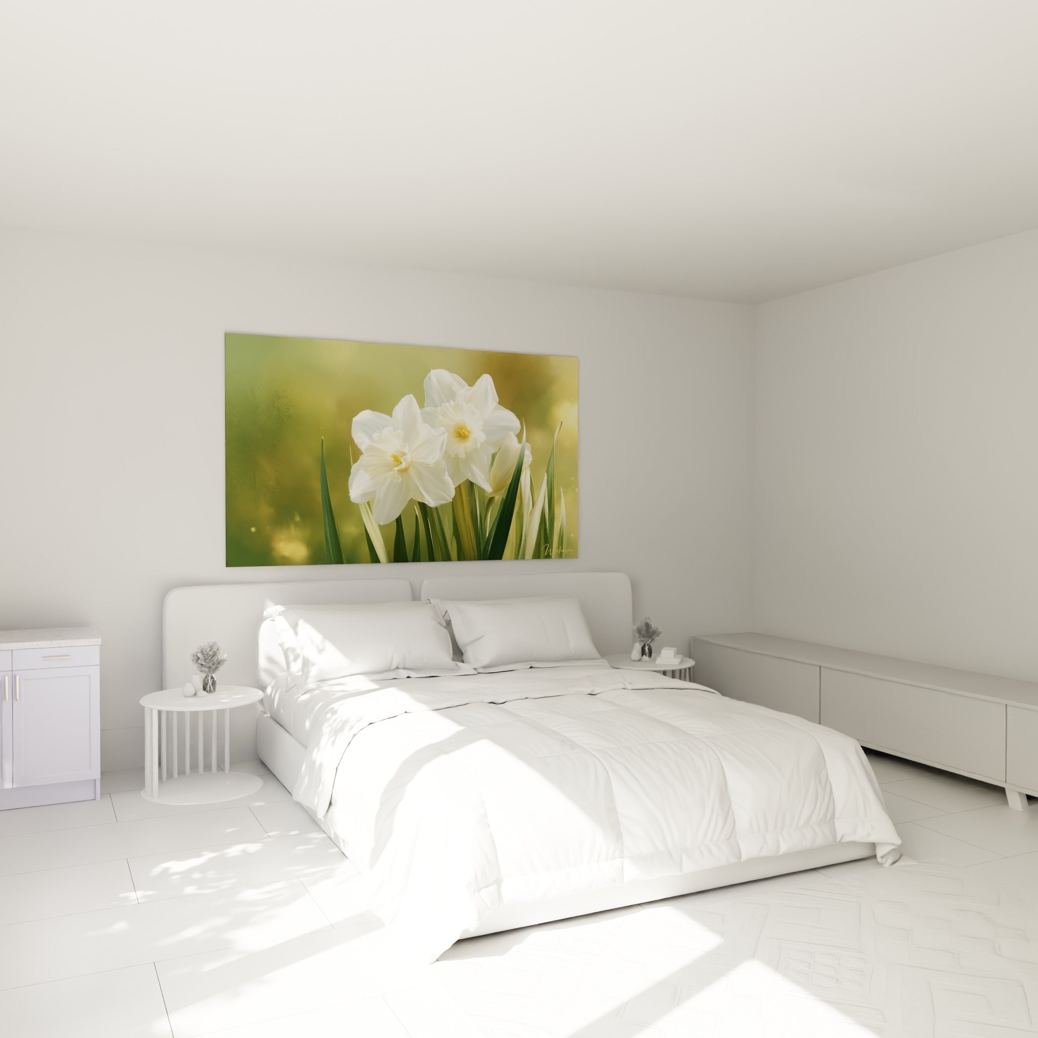 Fleurs de jonquille blanches et vertes au-dessus d'un lit dans une chambre claire