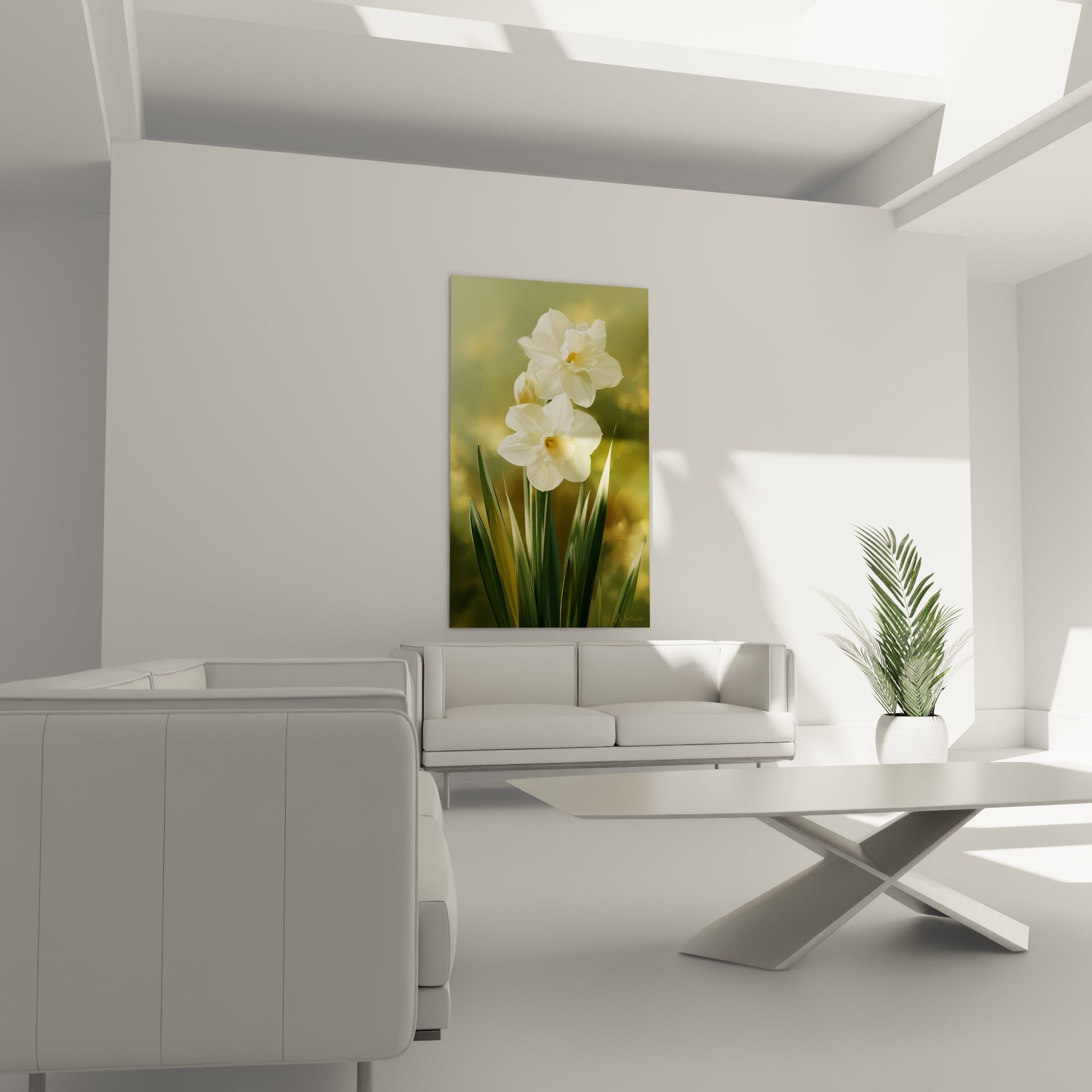 Bouquet de jonquilles ivoire et vertes accroché au-dessus d'un canapé dans un salon lumineux