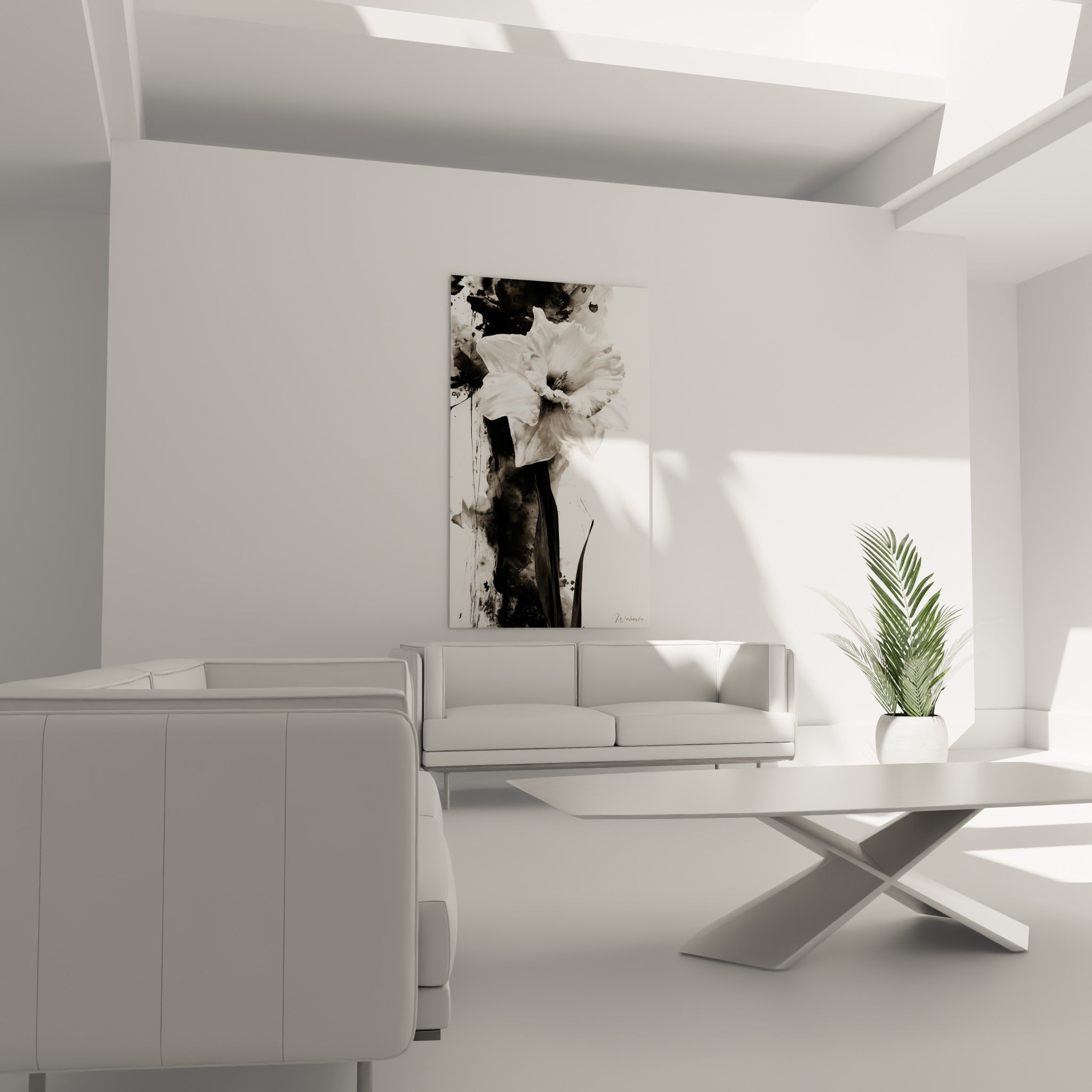 Fleur blanche à cœur gris cendré entourée d'encre noire, au-dessus d'un canapé dans un salon lumineux