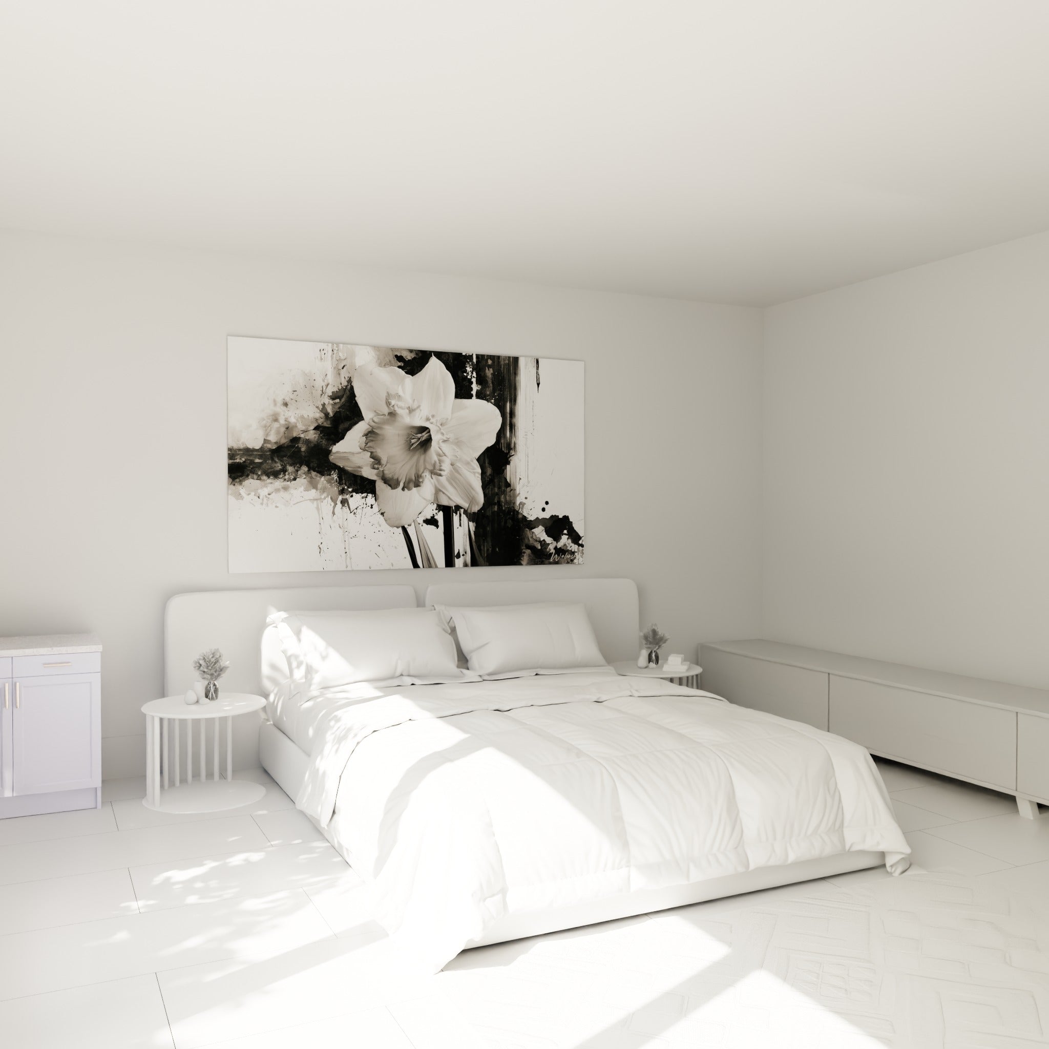Fleur de jonquille blanche et anthracite peinte en grand format, au-dessus d'un lit dans une chambre claire