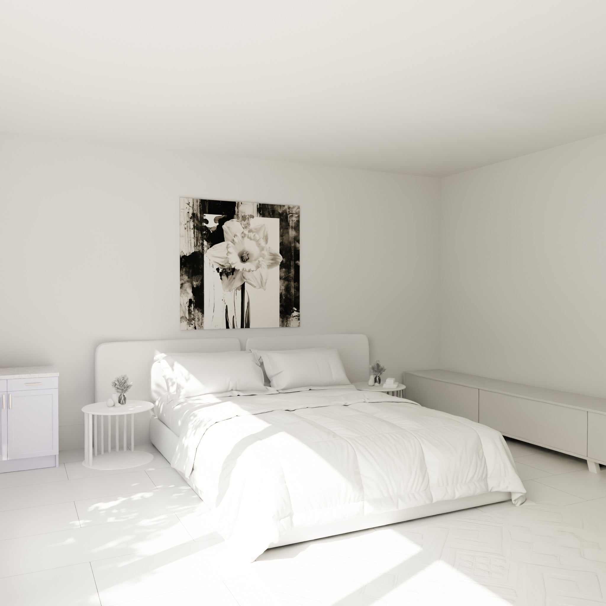 Fleur de jonquille grise et blanche accrochée au-dessus d'un lit dans une chambre claire