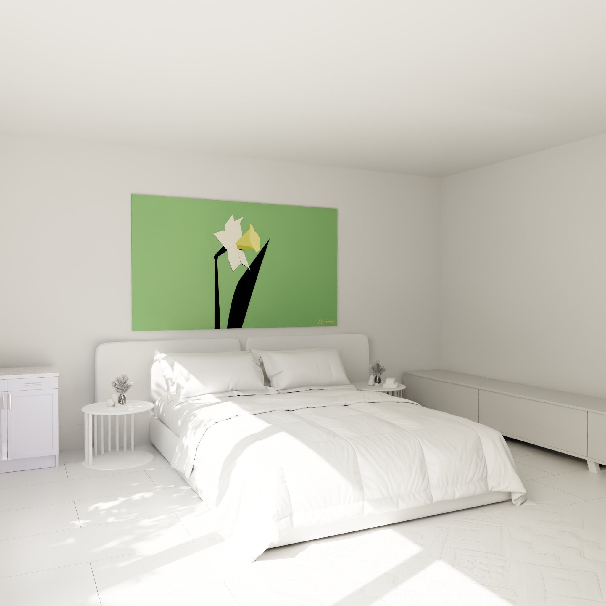 Fleur stylisée jaune et vert sauge accrochée au-dessus d'un lit dans une chambre claire