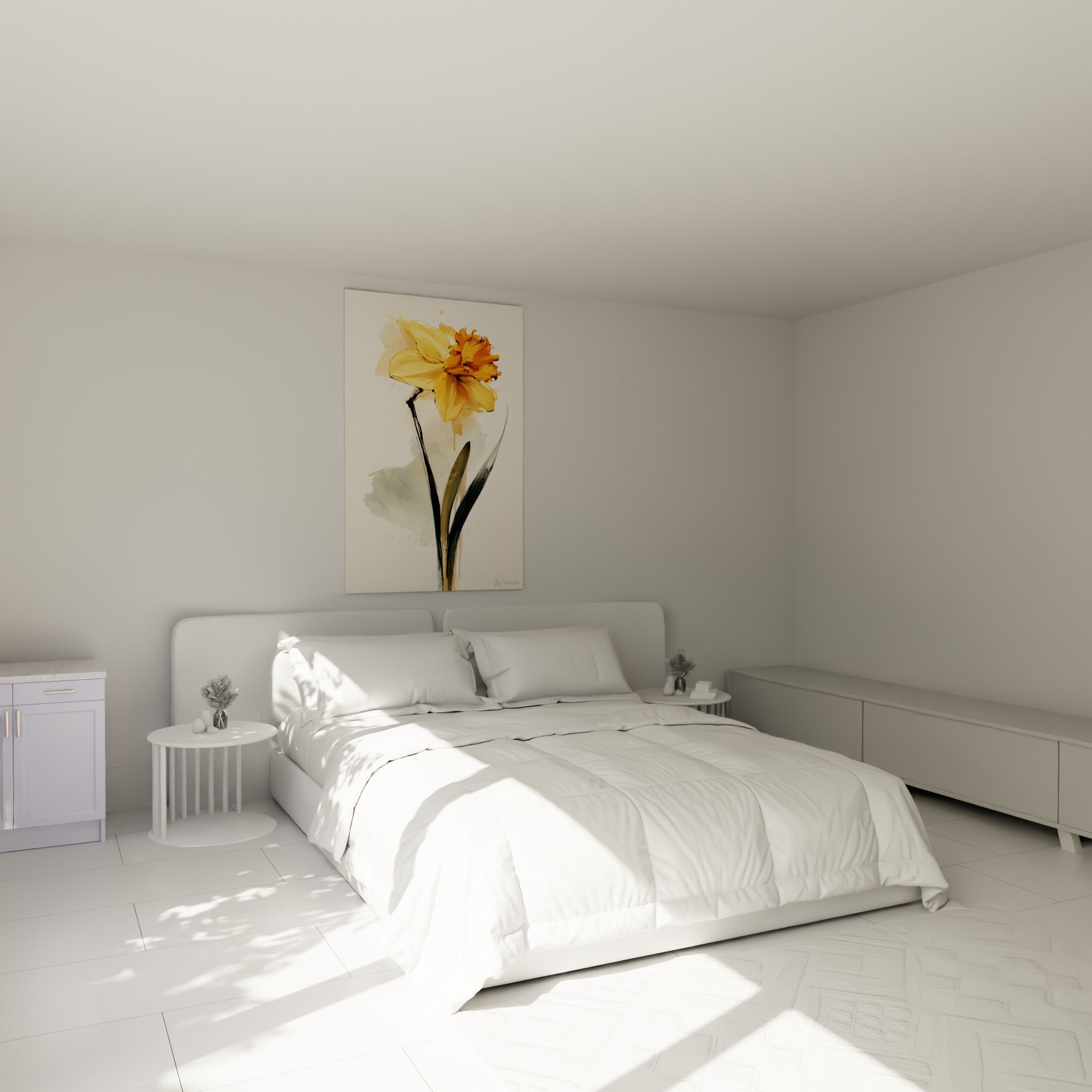 Fleur de jonquille jaune et orangée, technique aquarelle, au-dessus d'un lit dans une chambre claire