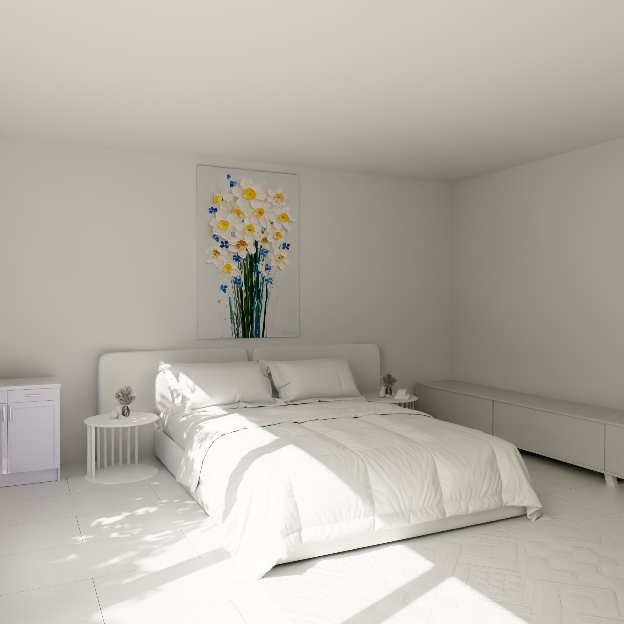 Bouquet de jonquilles blanches et dorées avec tiges vertes, accroché au-dessus d'un lit dans une chambre claire