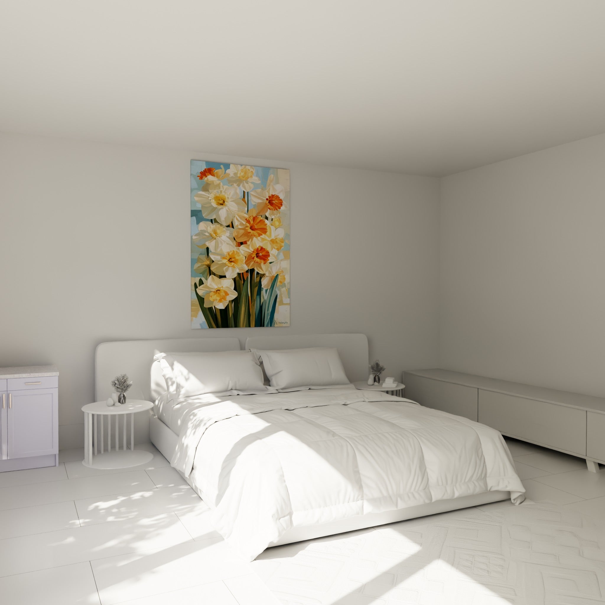 Bouquet de jonquilles blanches et orangées au-dessus d'un lit dans une chambre claire