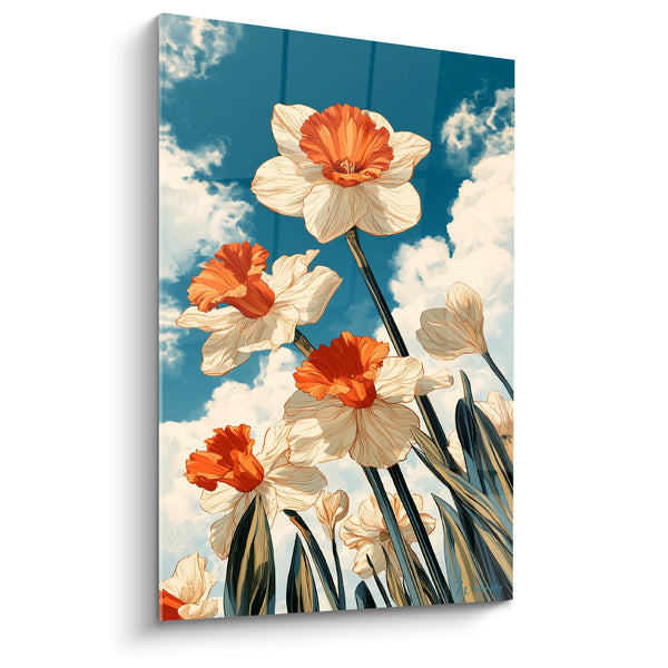 Tableau Jonquilles blanches et orangées vers ciel nuageux intense - Tiges élancées noires - Edition Jonquille