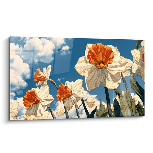 Tableau Jonquilles blanches à cœur orangé sous ciel bleu - Envol printanier - Edition Jonquille