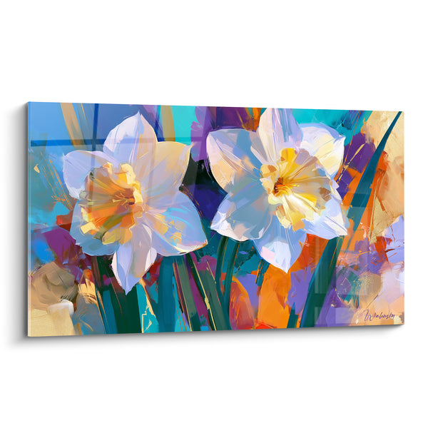 Tableau Jonquilles blanches et violettes sur fond multicolore éclaté - Touches de peinture vives - Edition Jonquille