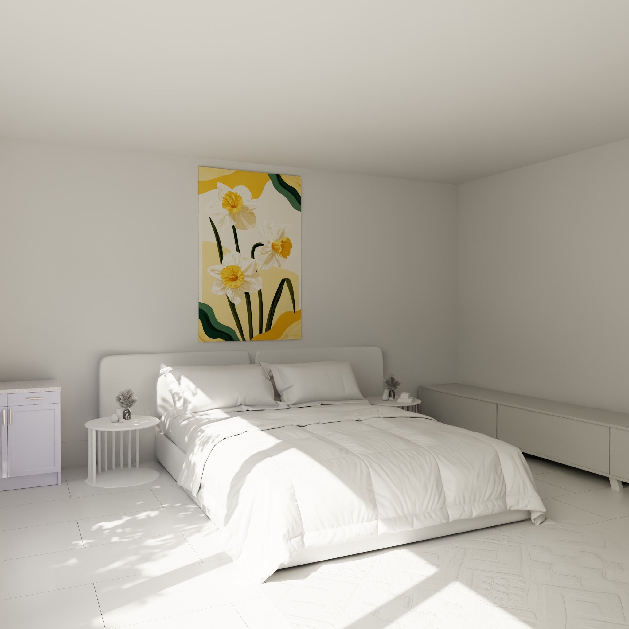 Fleurs de jonquille blanches et dorées accrochées au-dessus d'un lit dans une chambre claire