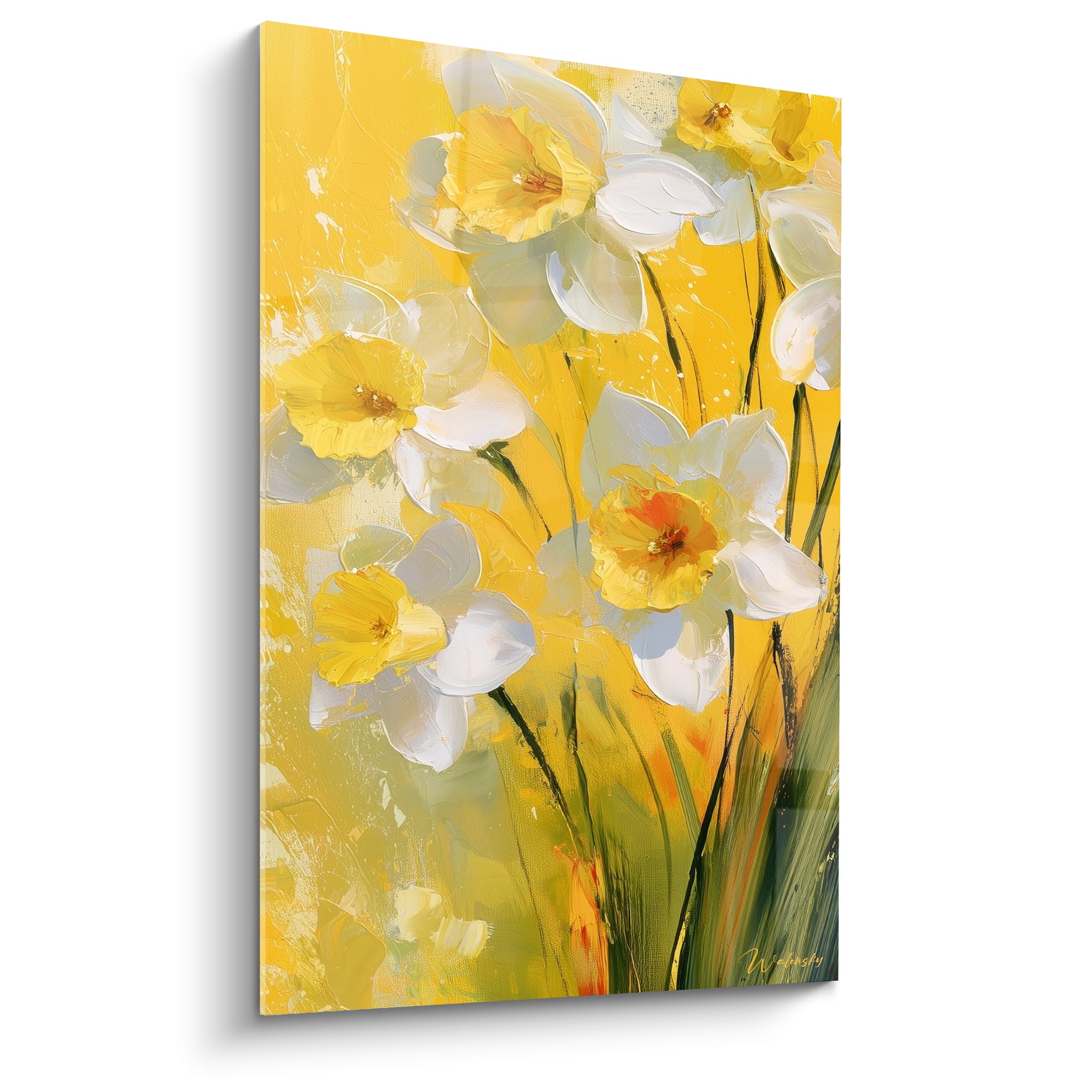 Jonquilles blanches et jaunes en fleurs sur fond doré, touches épaisses et lumineuses à la spatule