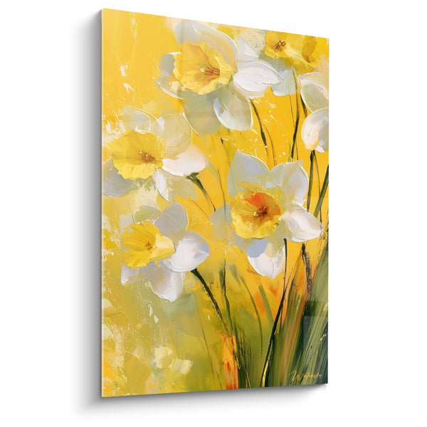 Tableau Jonquilles blanches et jaunes sur fond safran vif - Éclaboussures de peinture claires - Edition Jonquille