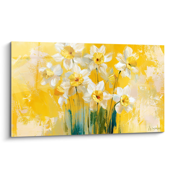Tableau Jonquilles blanches et jaunes sur fond safran vibrant - Tiges teintées de turquoise - Edition Jonquille