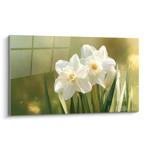 Tableau Jonquilles blanches et vertes devant vitre embuée - Lumière matinale dorée - Edition Jonquille