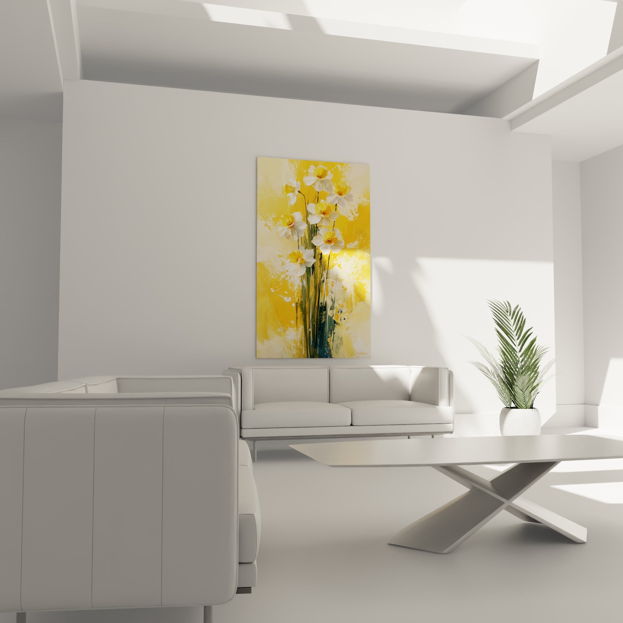 Fleurs de jonquille blanches et dorées disposées au-dessus d'un canapé dans un salon lumineux