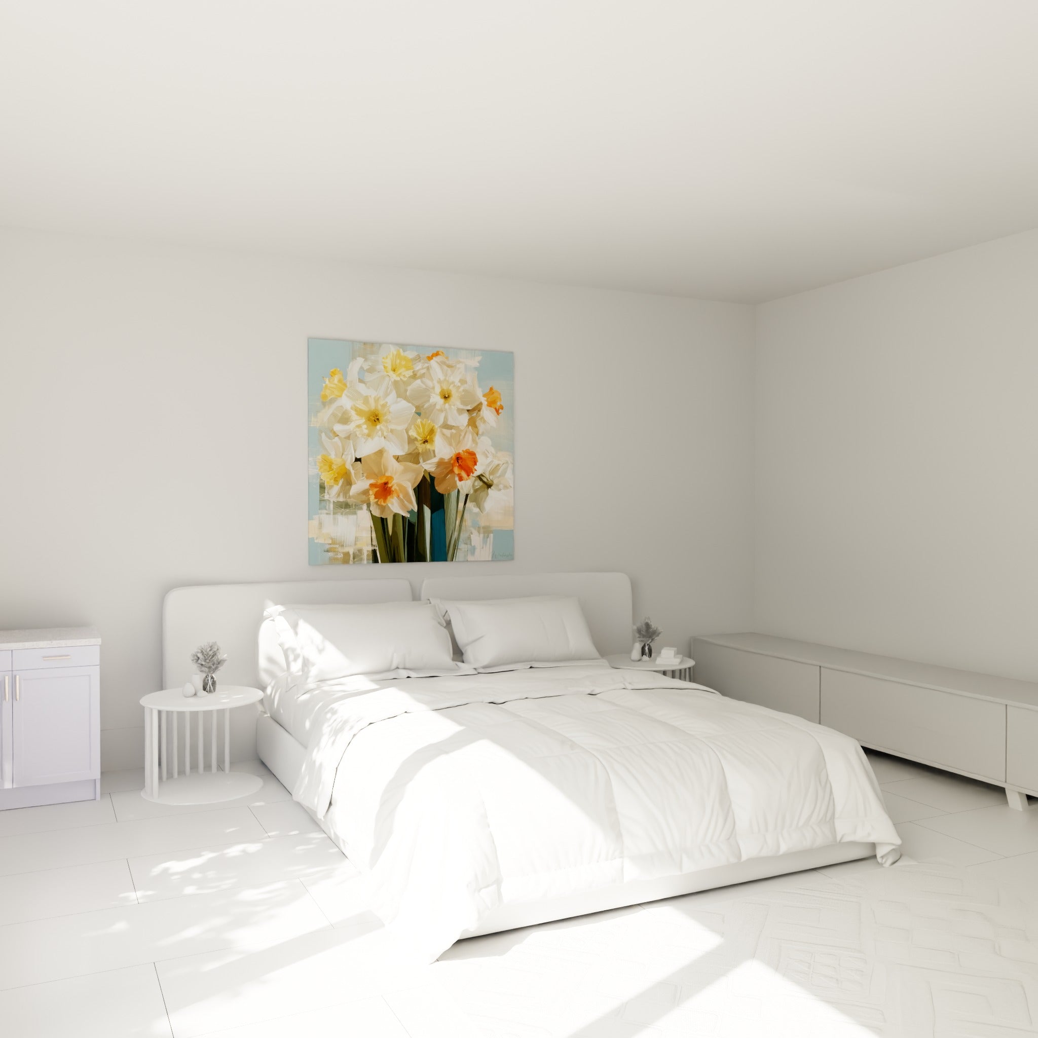 Bouquet de jonquilles blanches et orangées suspendu au-dessus d'un lit dans une chambre claire