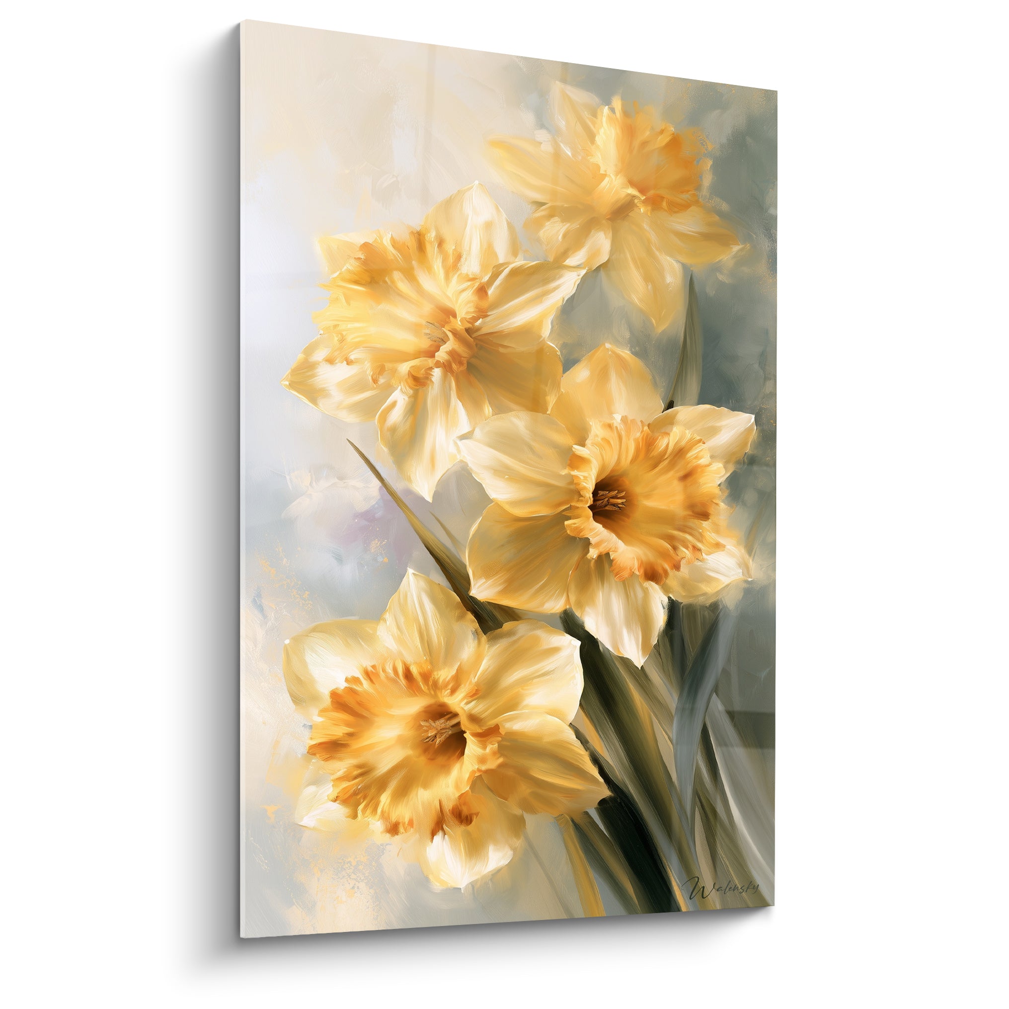 Jonquilles crème aux cœurs orangés peintes avec des touches de gris et vert sur fond clair estompé