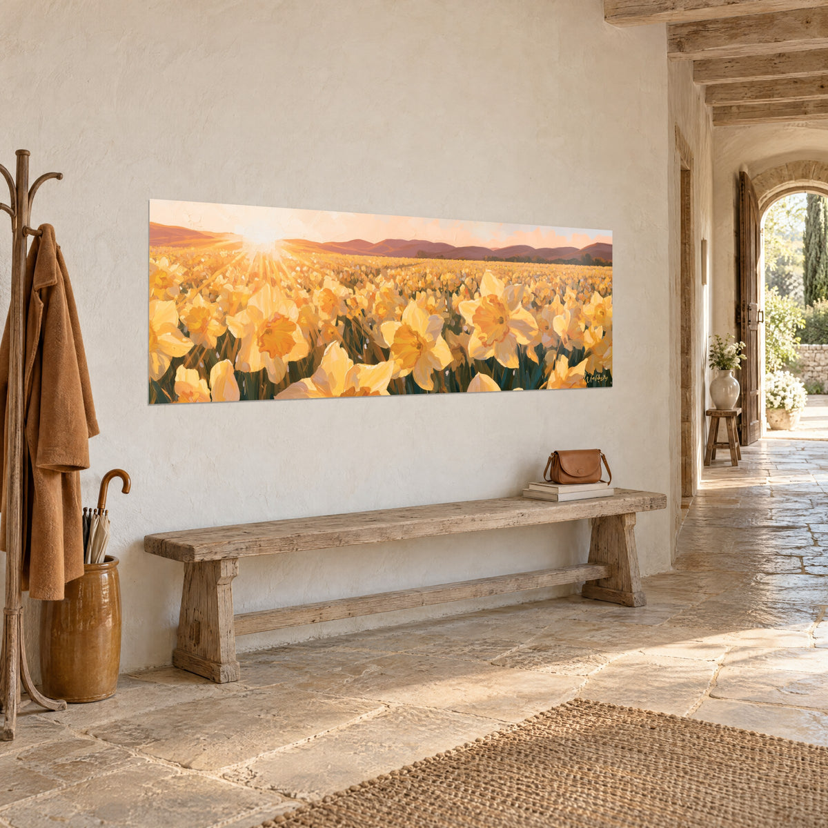 Wall art meadow of golden daffodils, orange sun on the horizon over mauve hills, three-quarter view, stone bench