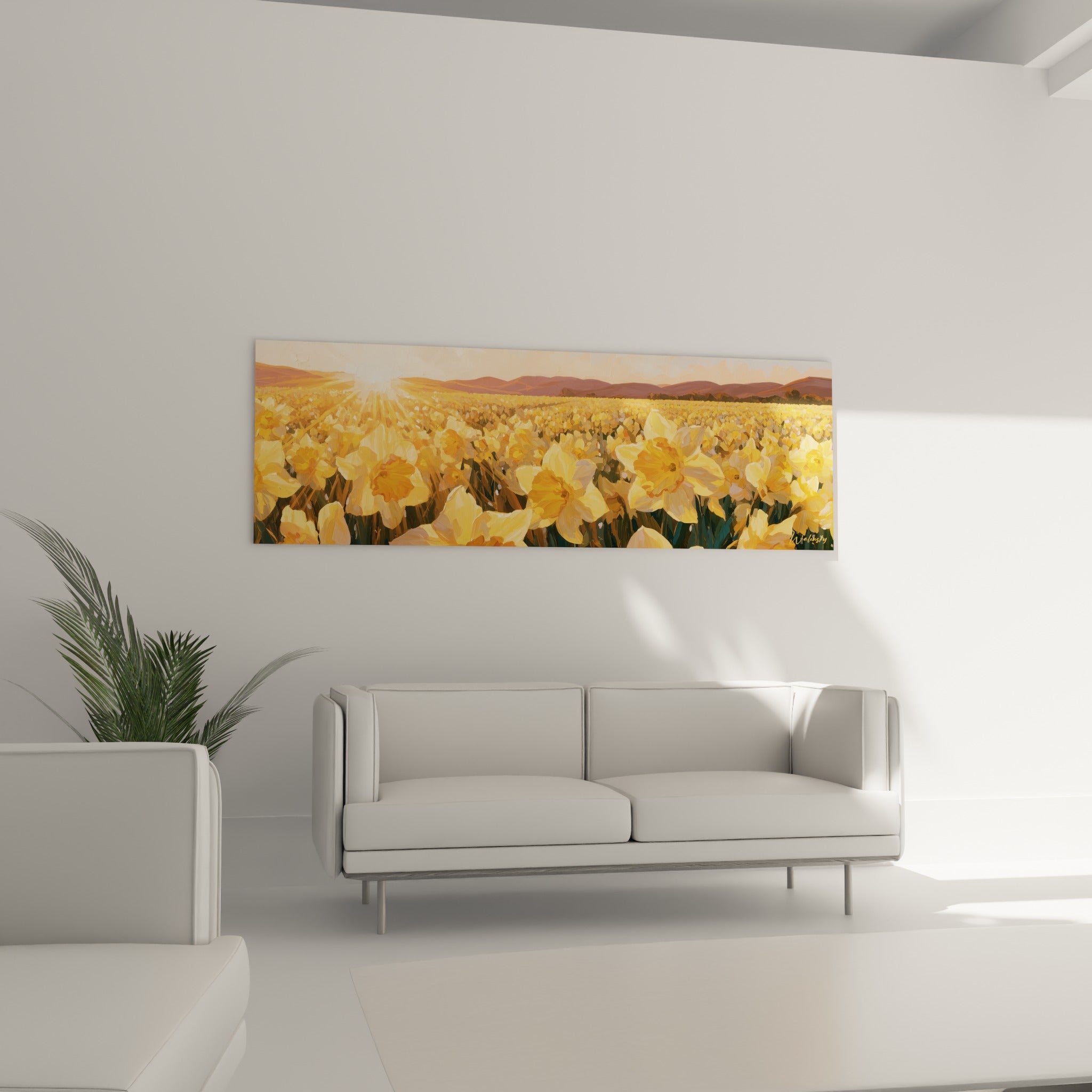 Fleurs de jonquille jaune vif et cœurs orangés illuminés, installées au-dessus d'un canapé dans un salon lumineux