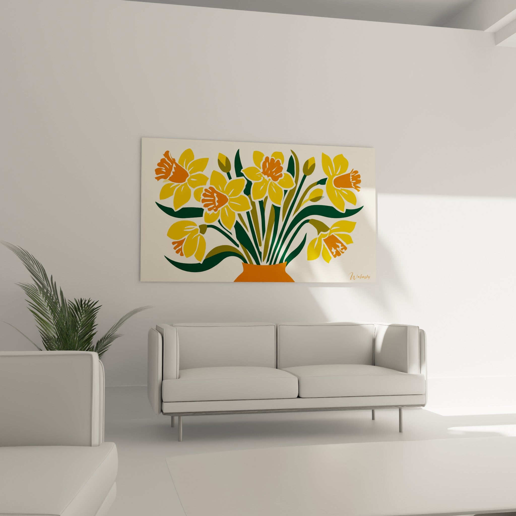 Vase orange débordant de fleurs jaunes, tableau suspendu au-dessus d'un canapé dans un salon lumineux