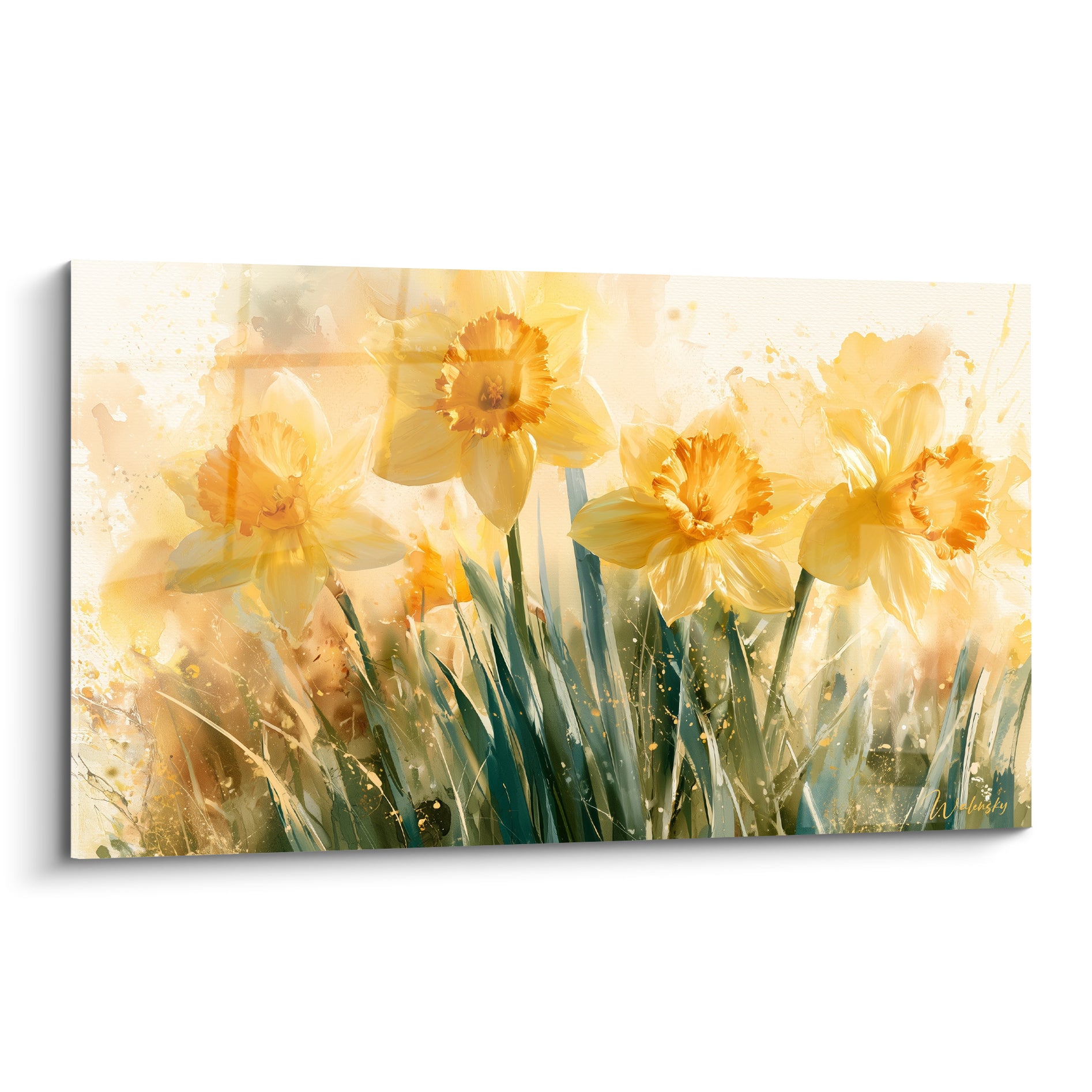 Jonquilles jaunes et orangées aux tiges vert sauge peintes en aquarelle sur fond crème lumineux
