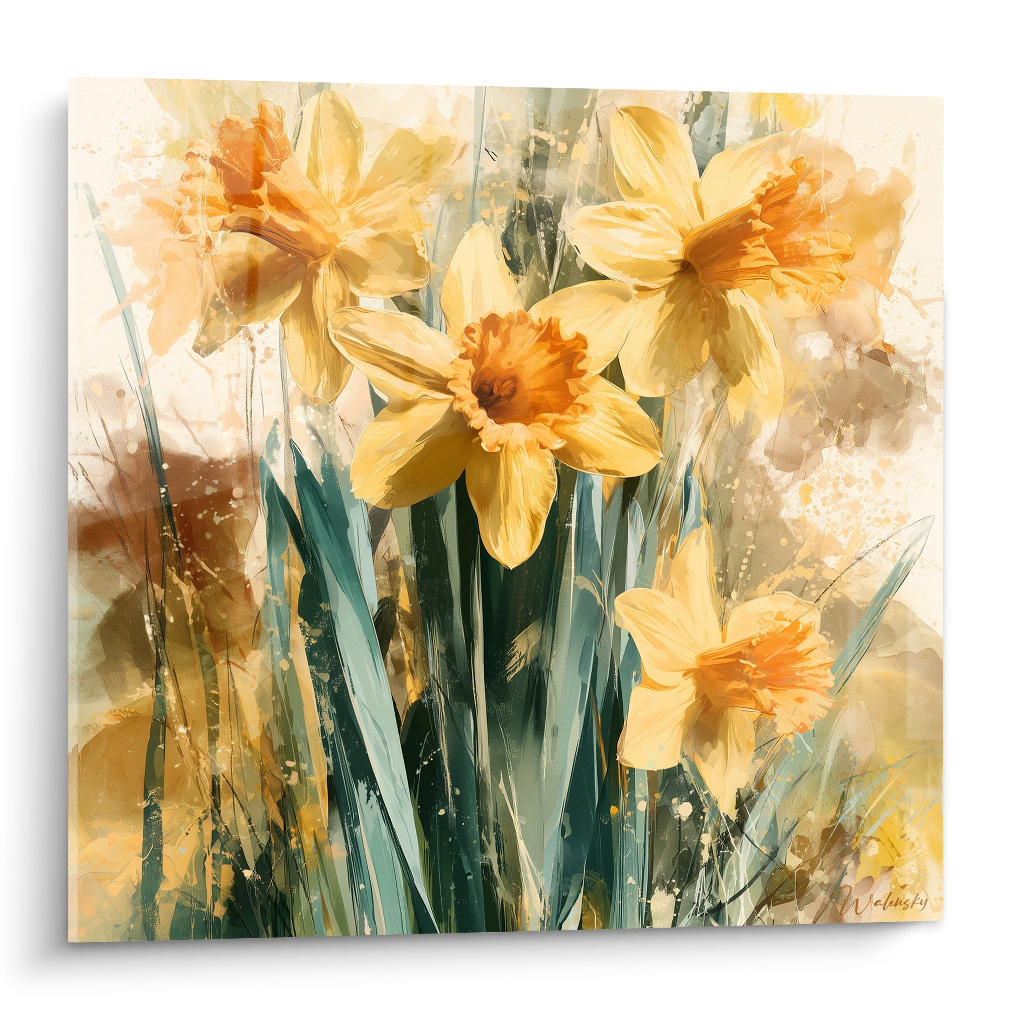 Jonquilles jaunes aux cœurs orangés peintes en aquarelle sur fond ocre et beige lumineux