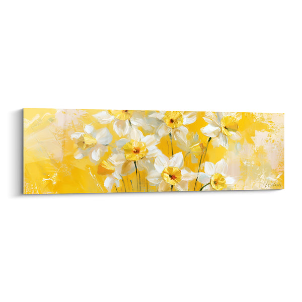 Tableau Jonquilles blanches et jaunes sur fond doré lumineux - Coeurs orangés vibrants - Edition Jonquille