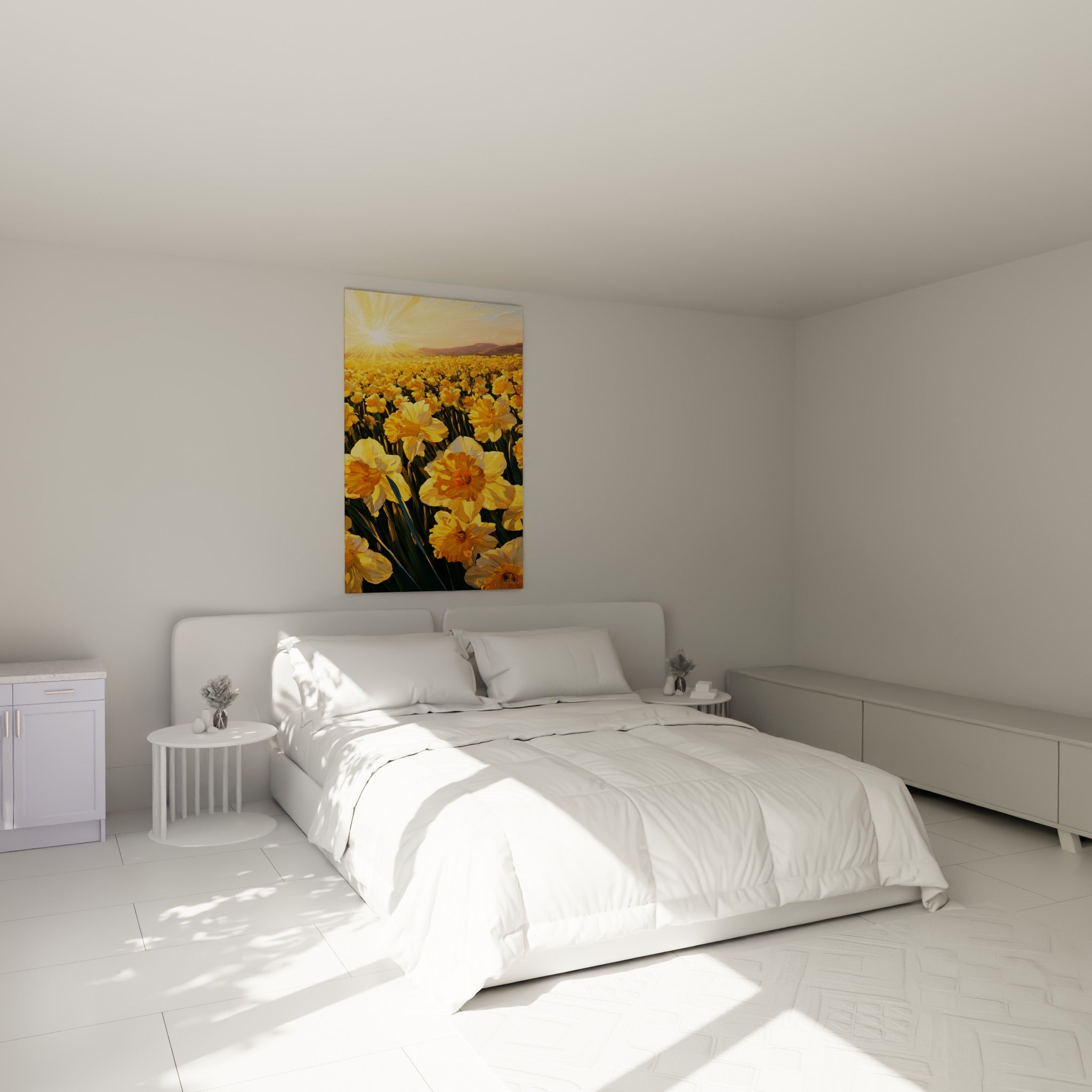 Fleurs jaunes et orangées de jonquilles éclairées par le soleil, au-dessus d'un lit dans une chambre claire
