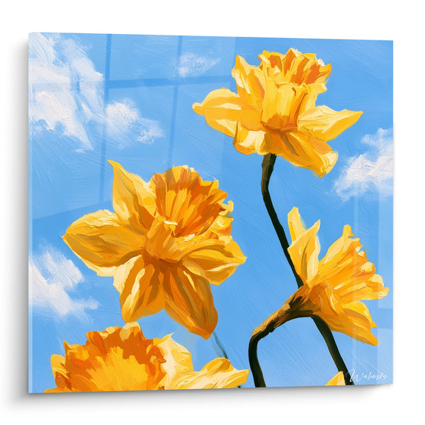 Tableau Jonquilles dorées sous ciel bleu nuageux - Vue en contre-plongée - Edition Jonquille