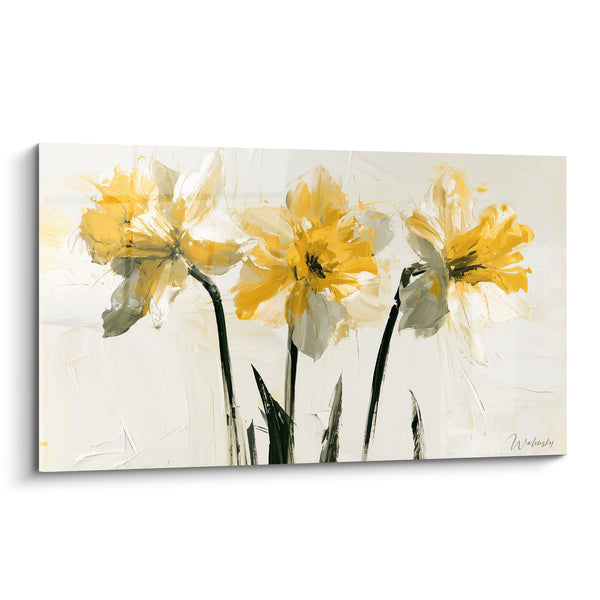 Tableau Jonquilles jaunes et blanches aux tiges noires épaisses - Trois corolles côte à côte - Edition Jonquille